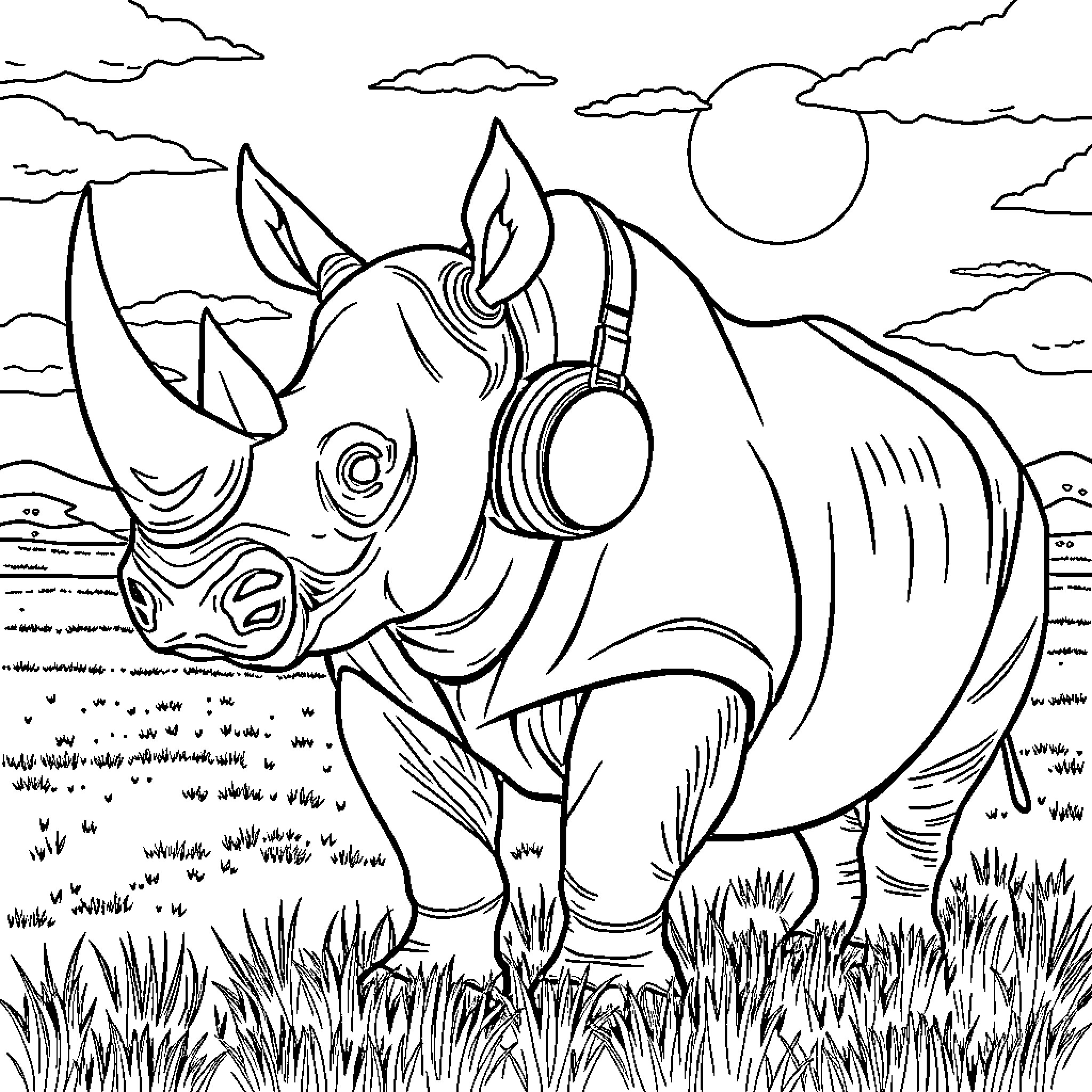 Rhino listening to music in natural landscape Coloring Page (free black-and-white line drawing printable PDF for all, from beginners to advanced learners, including children, teens, adults, and seniors)