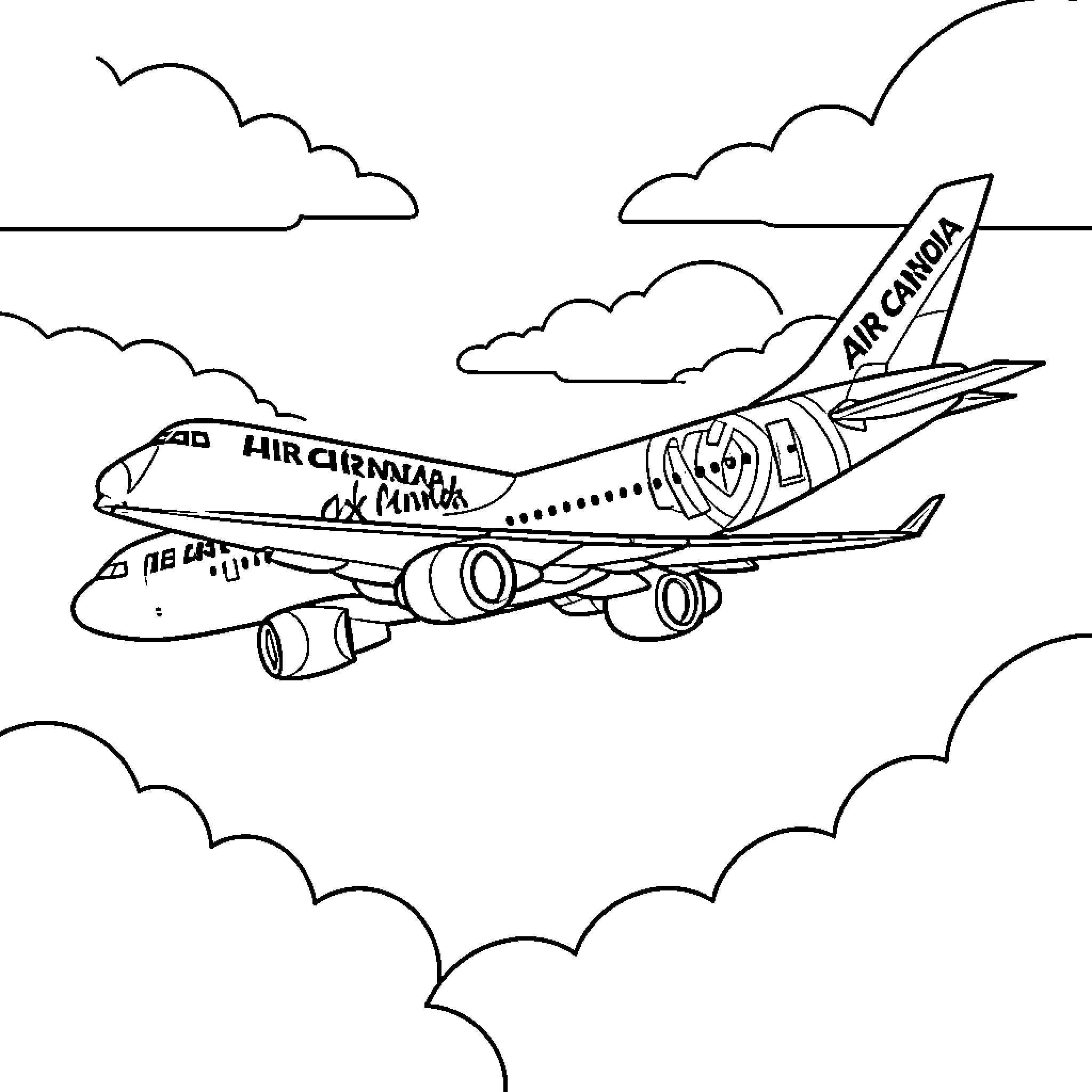 Air Canada airplane flying through the clouds Coloring Page (free black-and-white line drawing printable PDF for all, from beginners to advanced learners, including children, teens, adults, and seniors)