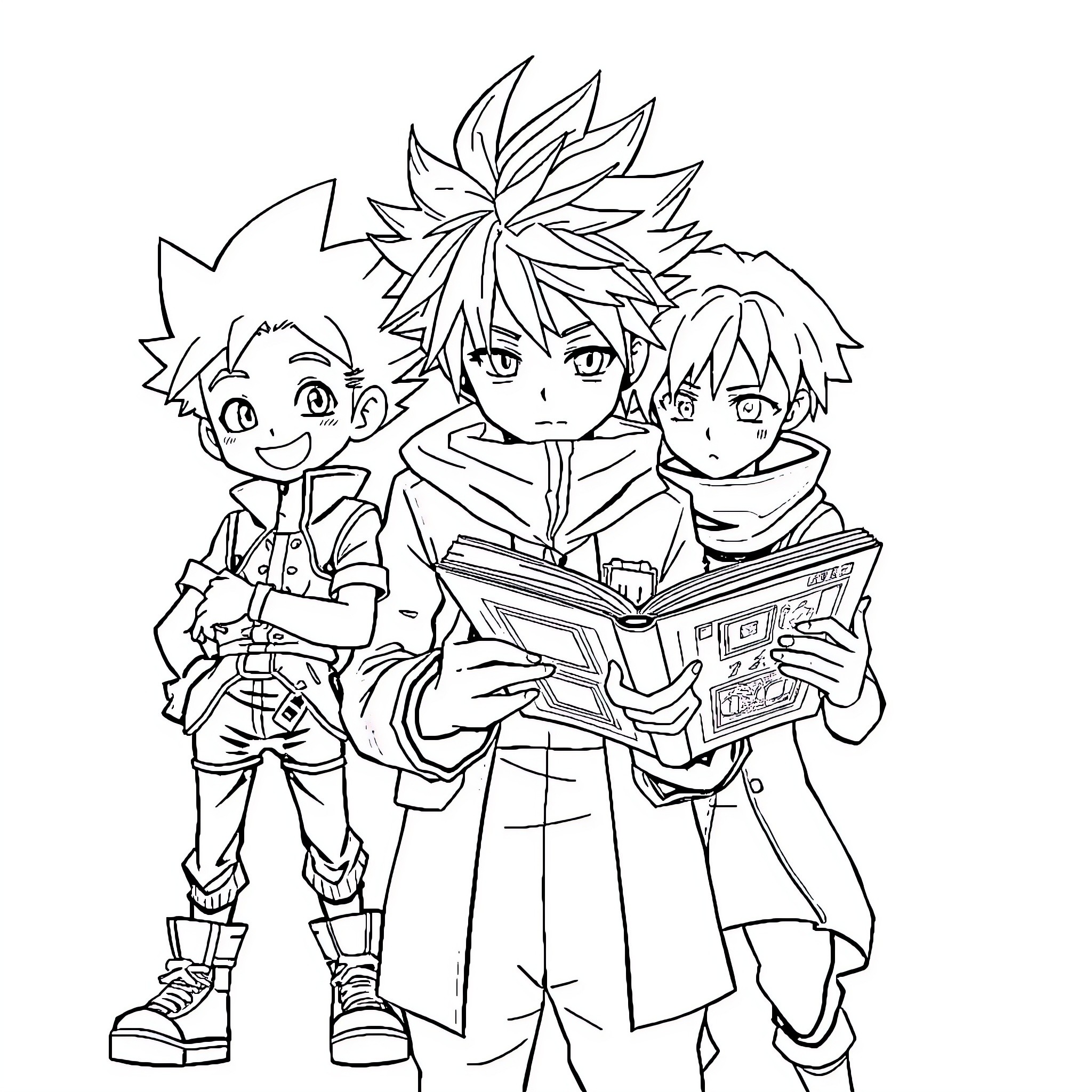 Hunter X Hunter - Three Adventurous Friends Reading Together Coloring Page (free black-and-white line drawing printable PDF for all, from beginners to advanced learners, including children, teens, adults, and seniors)
