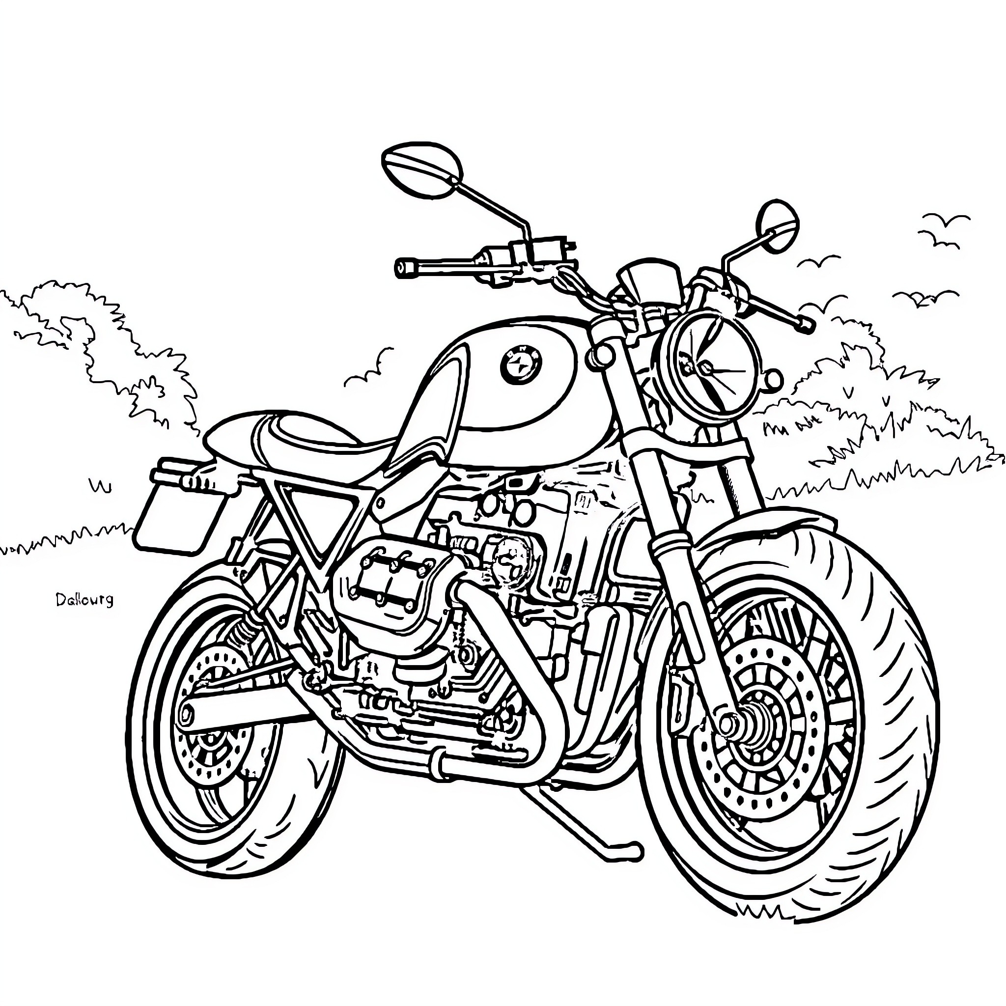 BMW R Nine T Motorcycle on the Open Road Coloring Page (free black-and-white line drawing printable PDF for all, from beginners to advanced learners, including children, teens, adults, and seniors)