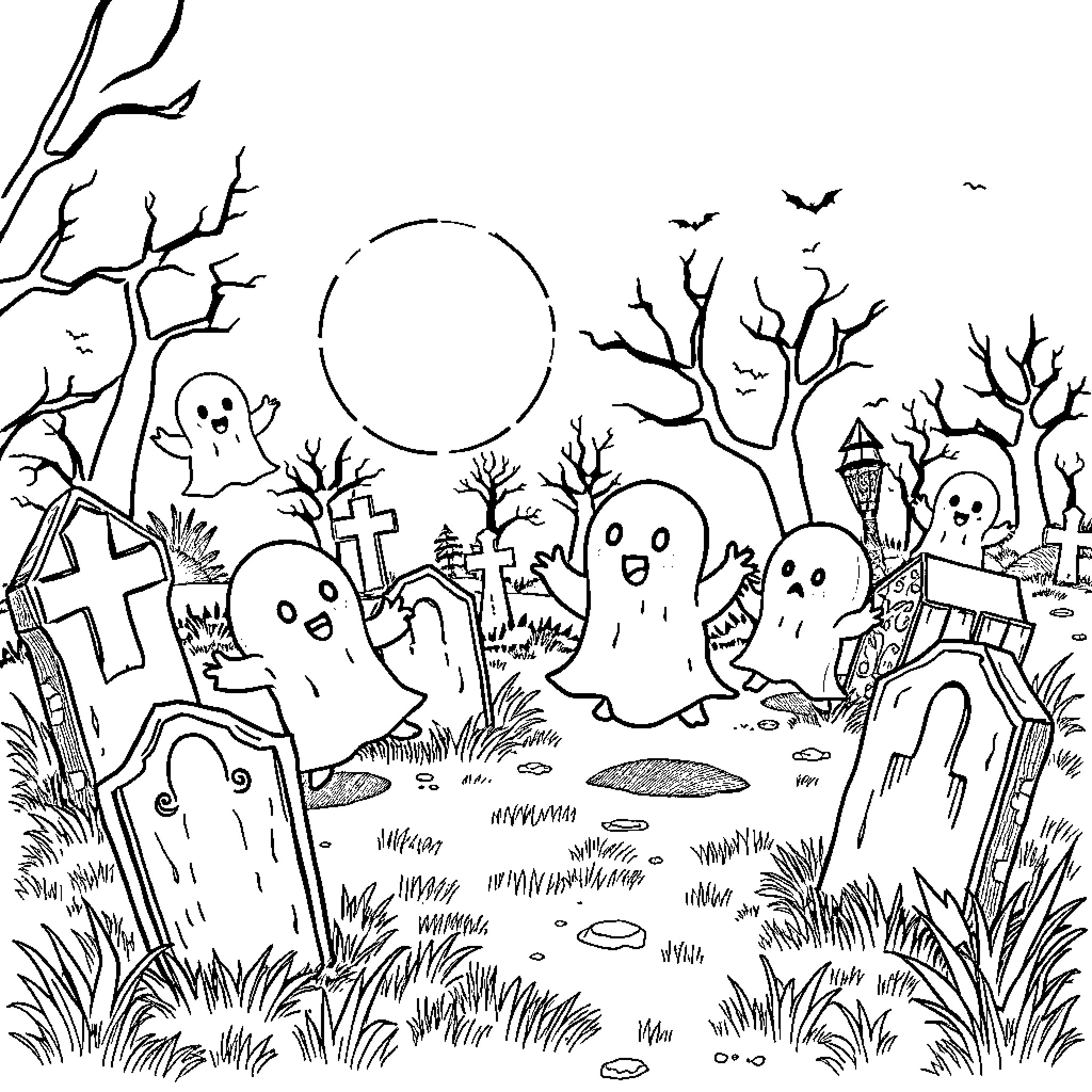 Ghost Spirits Haunting a Spooky Graveyard Coloring Page (free black-and-white line drawing printable PDF for all, from beginners to advanced learners, including children, teens, adults, and seniors)