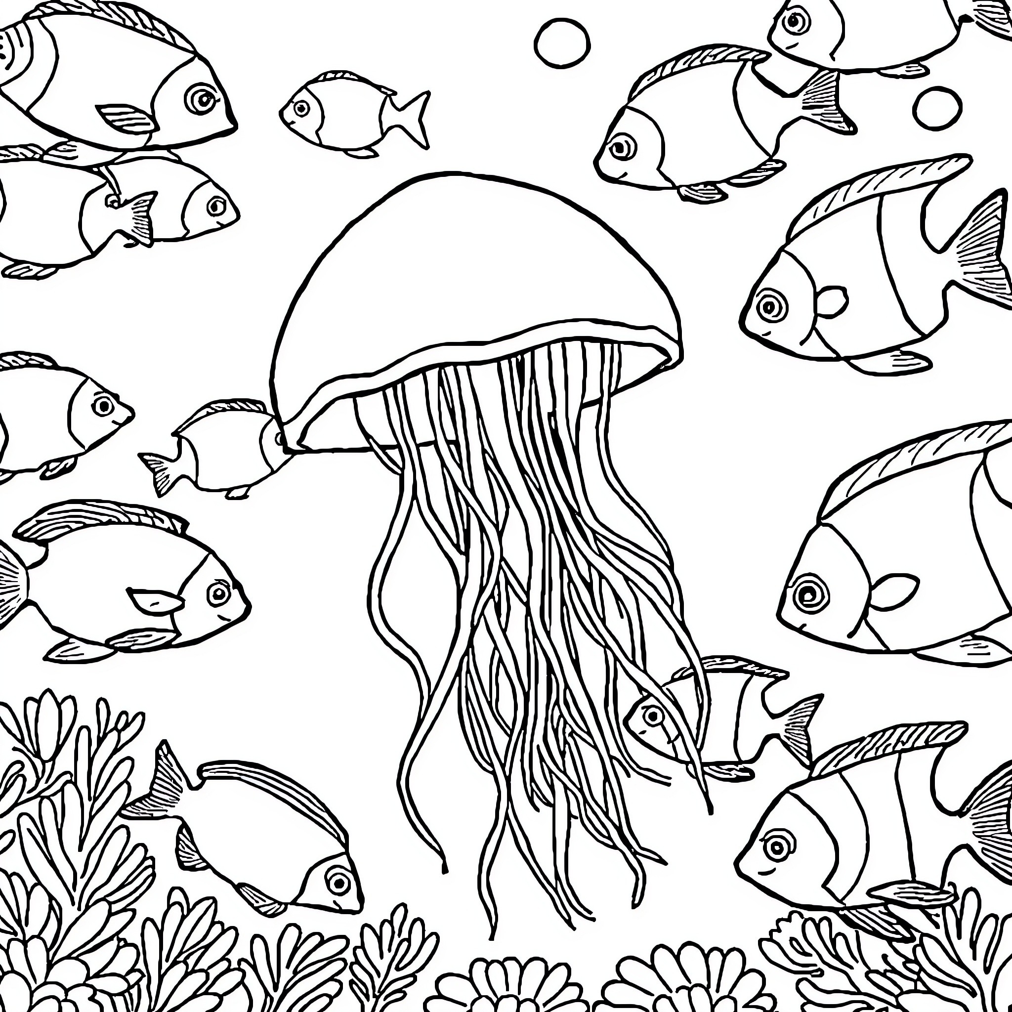 Jellyfish swimming among vibrant ocean creatures Coloring Page (free black-and-white line drawing printable PDF for all, from beginners to advanced learners, including children, teens, adults, and seniors)
