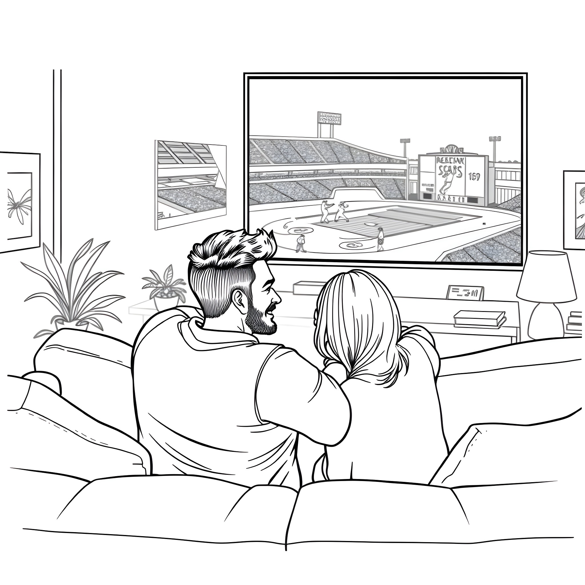 Husband and wife watching sports event on TV Coloring Page (free black-and-white line drawing printable PDF for all, from beginners to advanced learners, including children, teens, adults, and seniors)