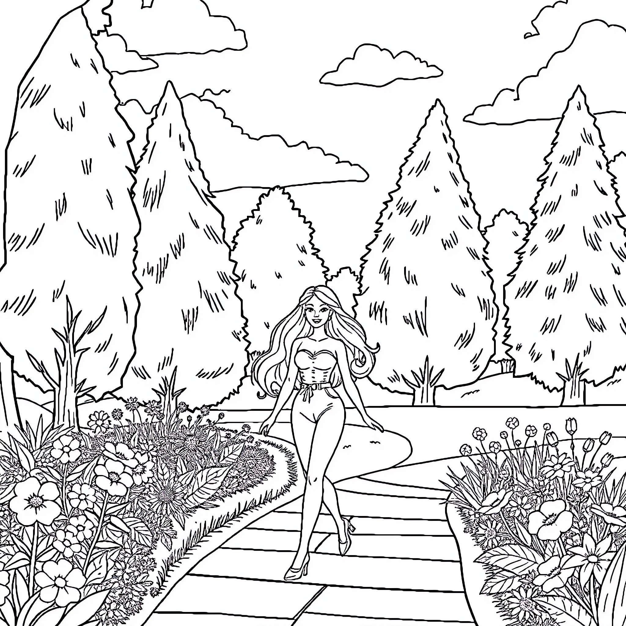 Barbie enjoying nature in a scenic outdoor setting Coloring Page (free black-and-white line drawing printable PDF for all, from beginners to advanced learners, including children, teens, adults, and seniors)