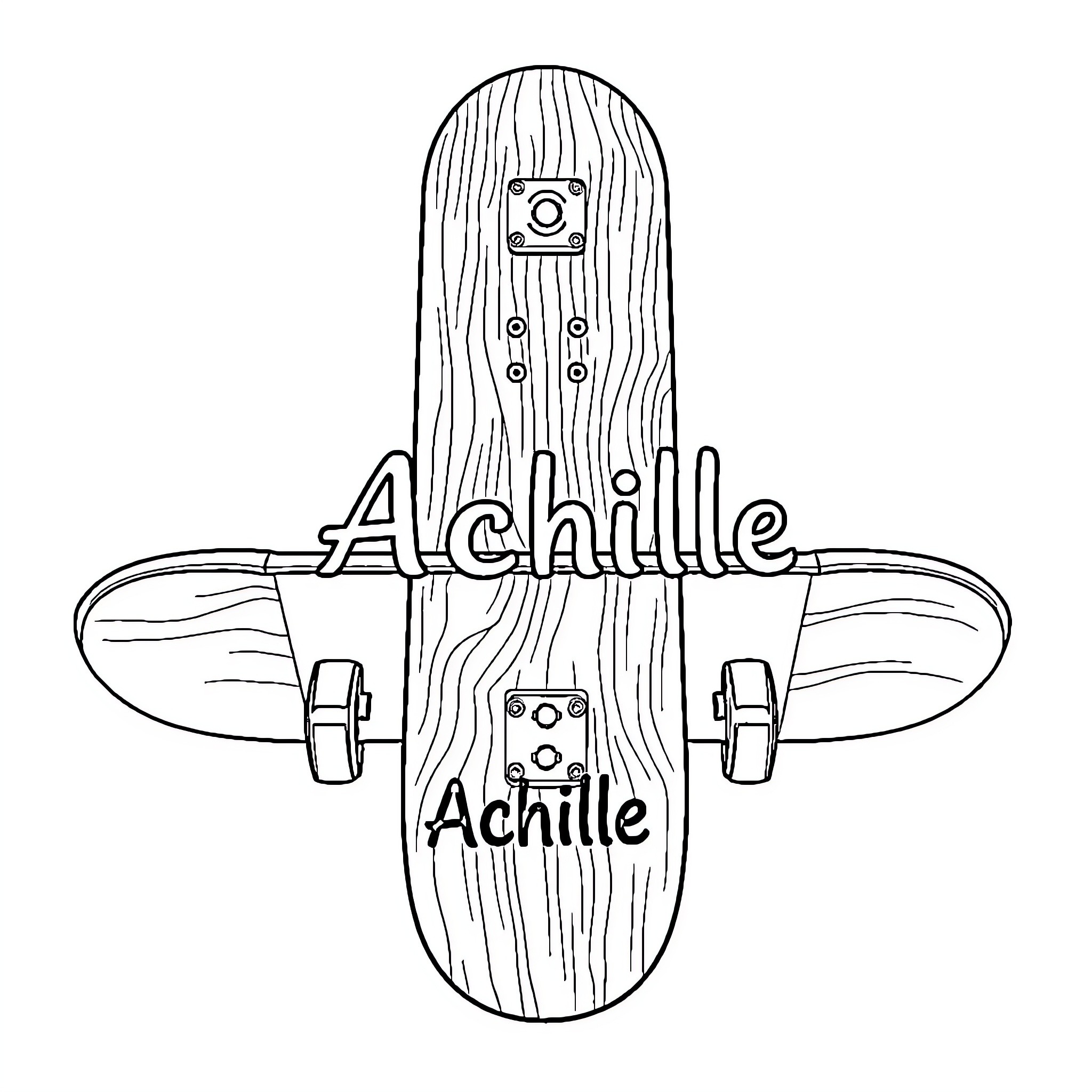 Skateboard with 'Achille' text and wooden graphic Coloring Page (free black-and-white line drawing printable PDF for all, from beginners to advanced learners, including children, teens, adults, and seniors)
