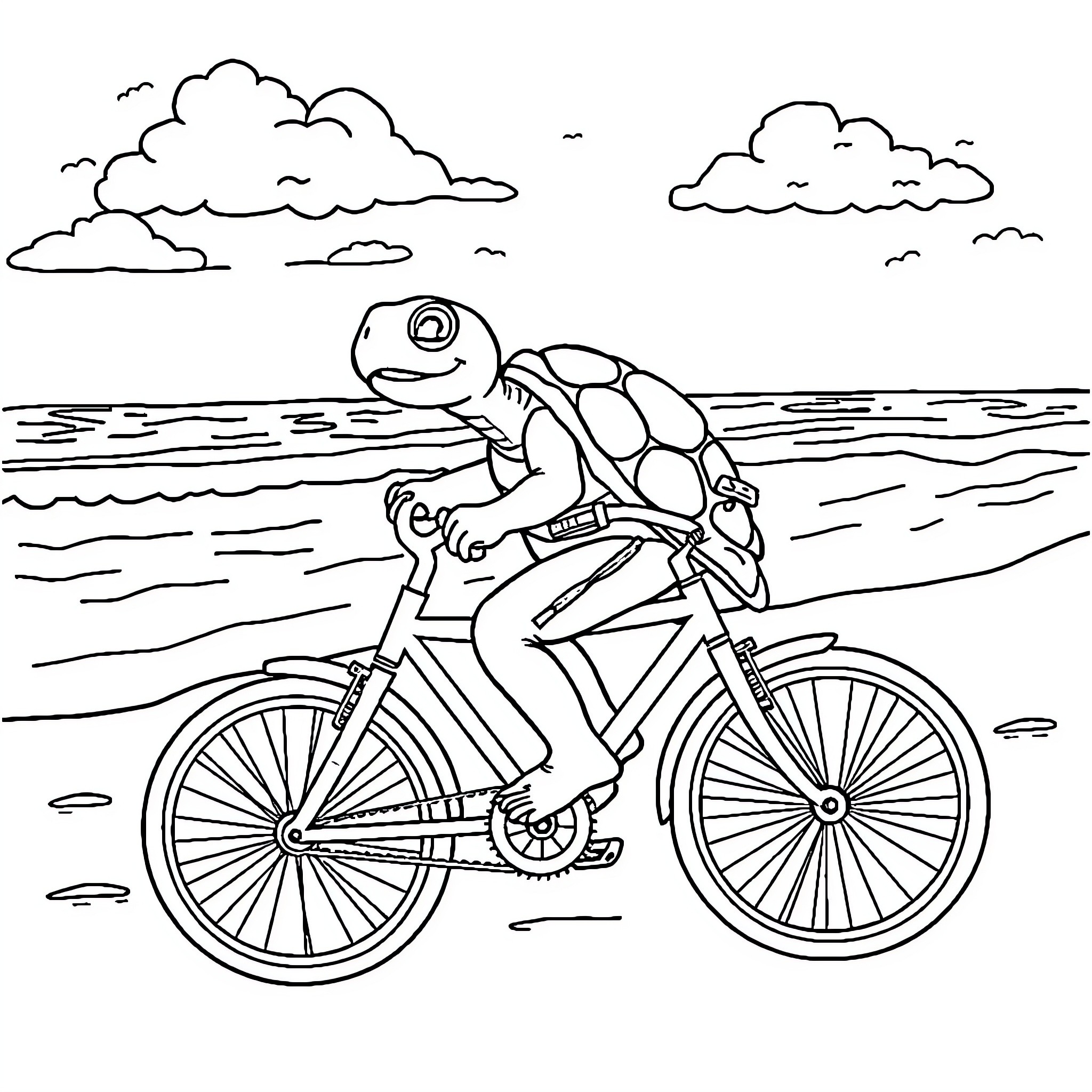 Tortoise riding a bicycle by the sea Coloring Page (free black-and-white line drawing printable PDF for all, from beginners to advanced learners, including children, teens, adults, and seniors)