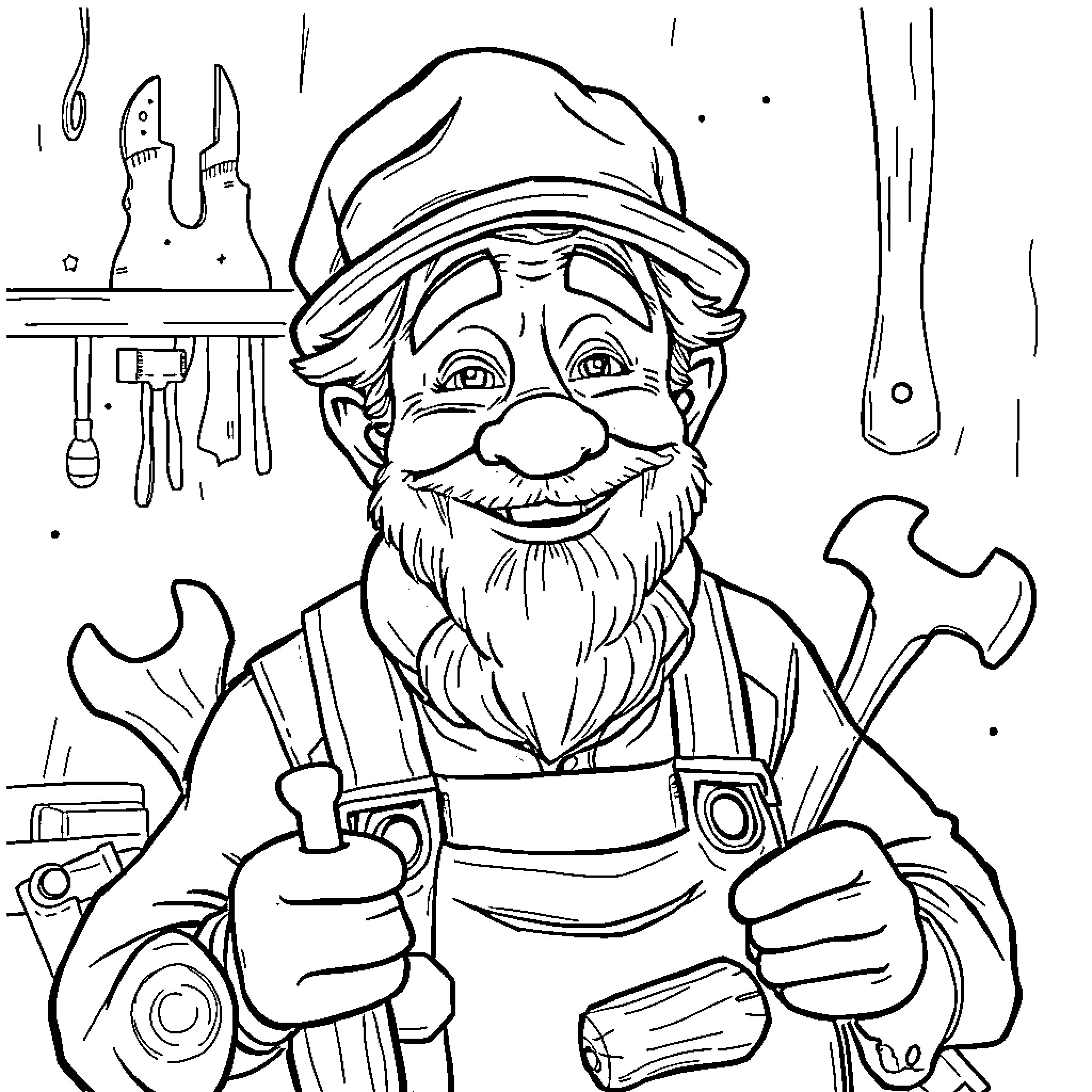 Grandfather Handyman's Cheerful Workspace Coloring Page (free black-and-white line drawing printable PDF for all, from beginners to advanced learners, including children, teens, adults, and seniors)