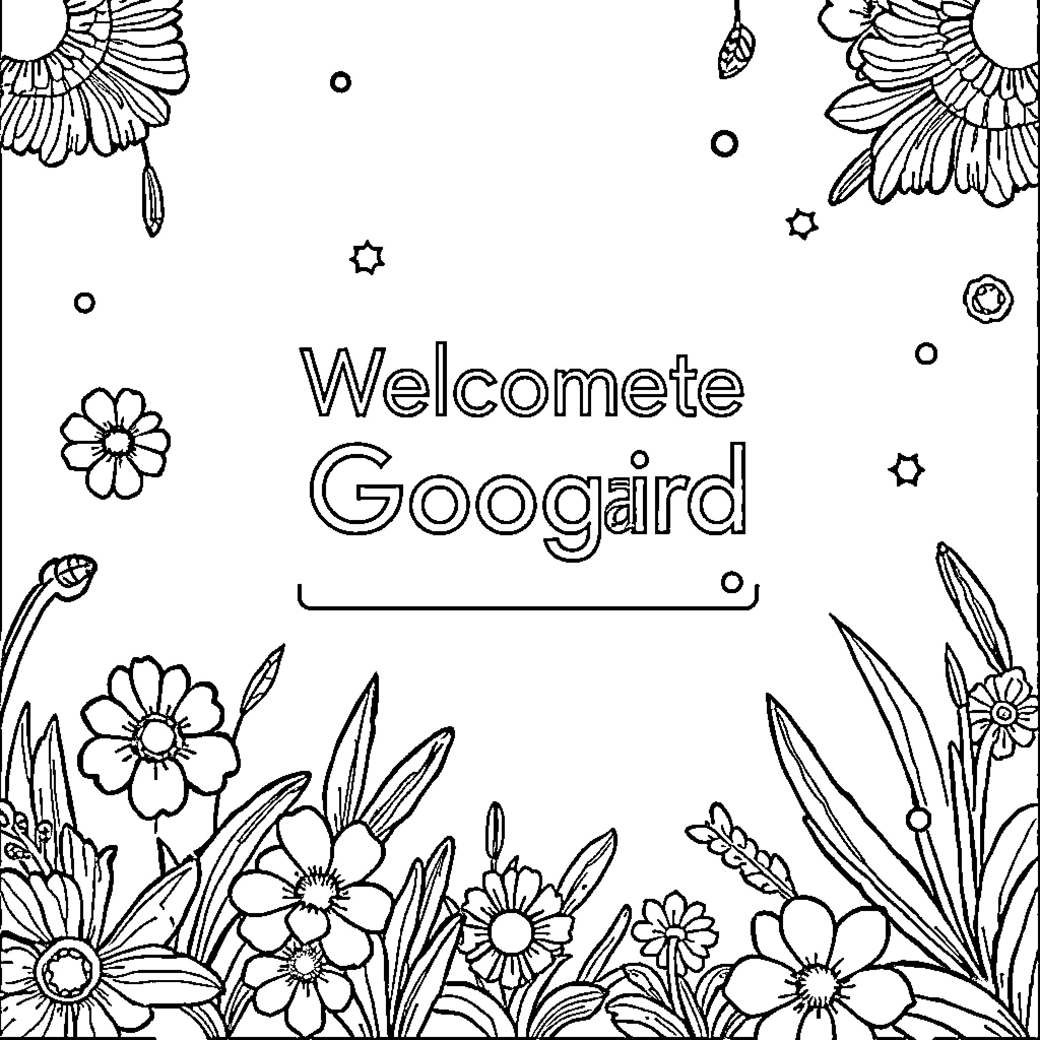 Clipboard with flowers and welcomes Googird Coloring Page (free black-and-white line drawing printable PDF for all, from beginners to advanced learners, including children, teens, adults, and seniors)