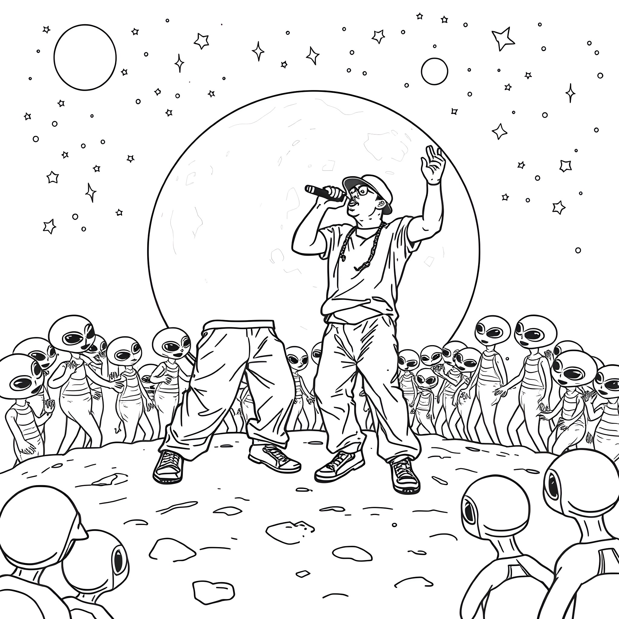 Biggie performing for an audience of aliens Coloring Page (free black-and-white line drawing printable PDF for all, from beginners to advanced learners, including children, teens, adults, and seniors)