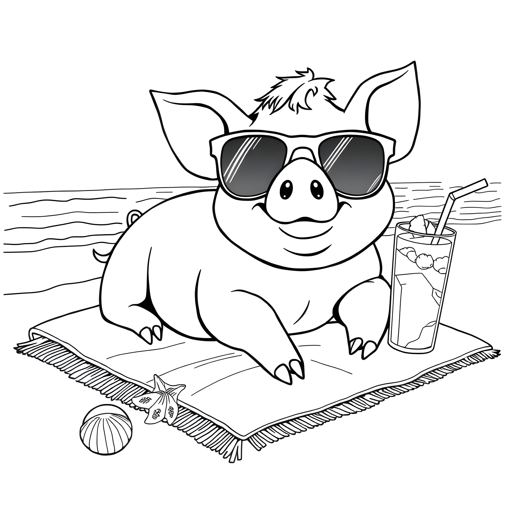 Pig relaxing on the beach with sunglasses Coloring Page (free black-and-white line drawing printable PDF for all, from beginners to advanced learners, including children, teens, adults, and seniors)