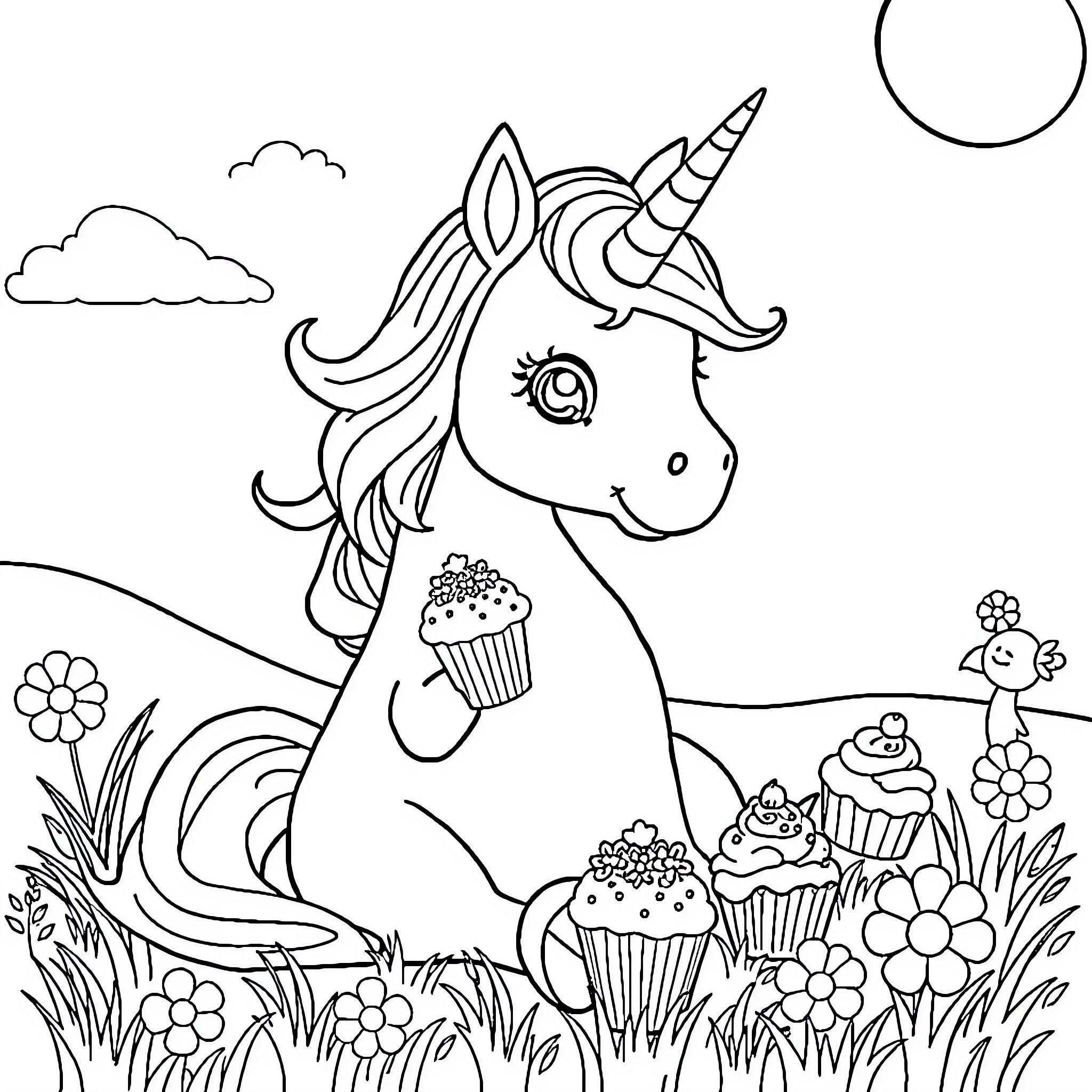 Unicorn enjoying cupcakes in a whimsical meadow Coloring Page (free black-and-white line drawing printable PDF for all, from beginners to advanced learners, including children, teens, adults, and seniors)