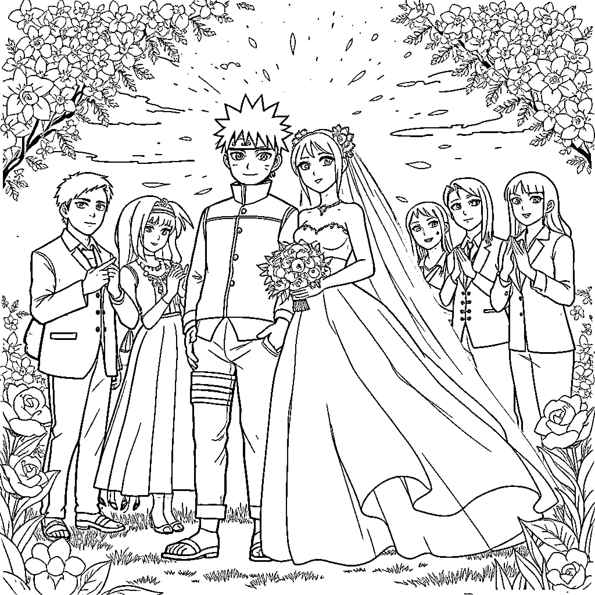 Naruto characters in a joyous wedding celebration Coloring Page (free black-and-white line drawing printable PDF for all, from beginners to advanced learners, including children, teens, adults, and seniors)