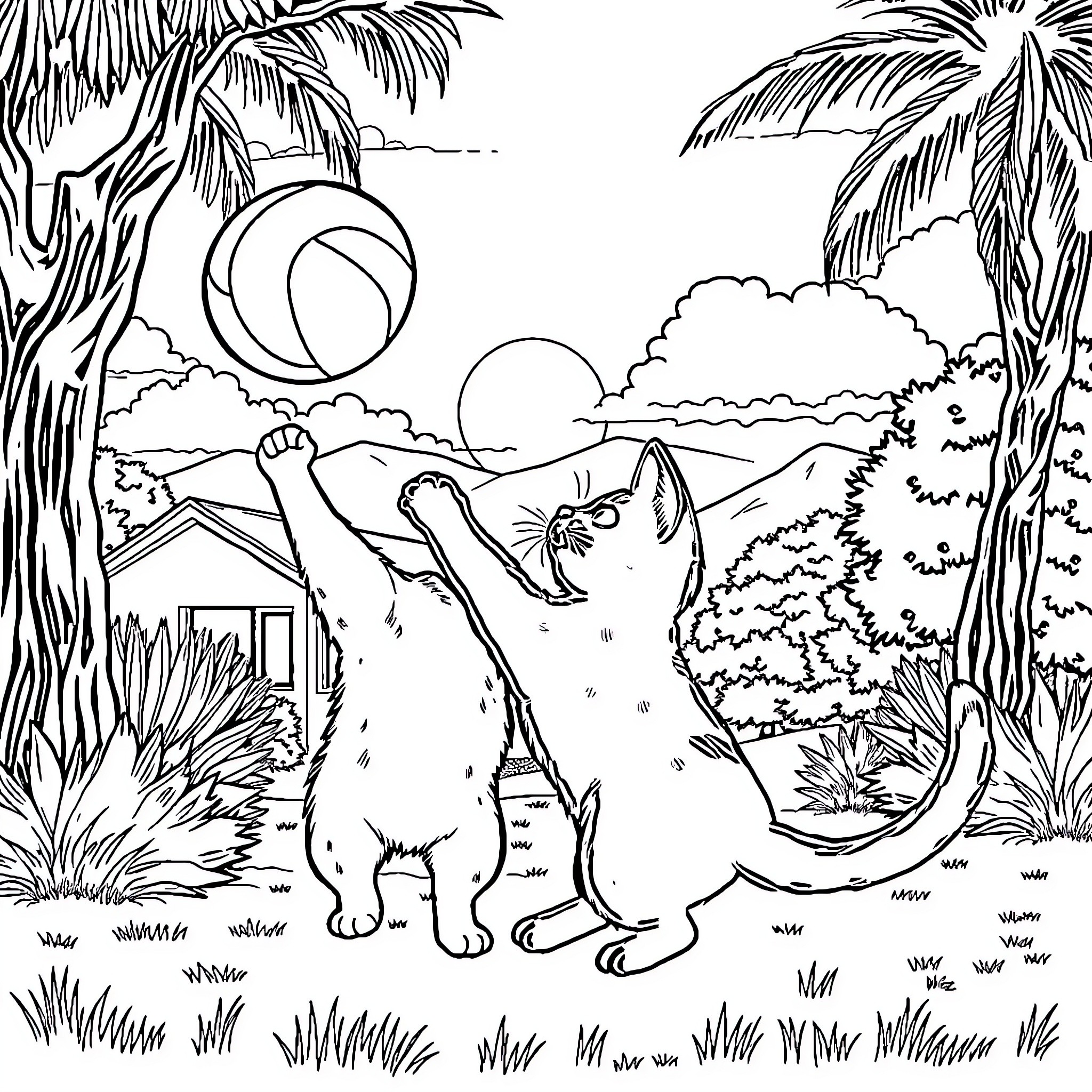 Cat Relaxing in Tropical Landscape Coloring Page (free black-and-white line drawing printable PDF for all, from beginners to advanced learners, including children, teens, adults, and seniors)