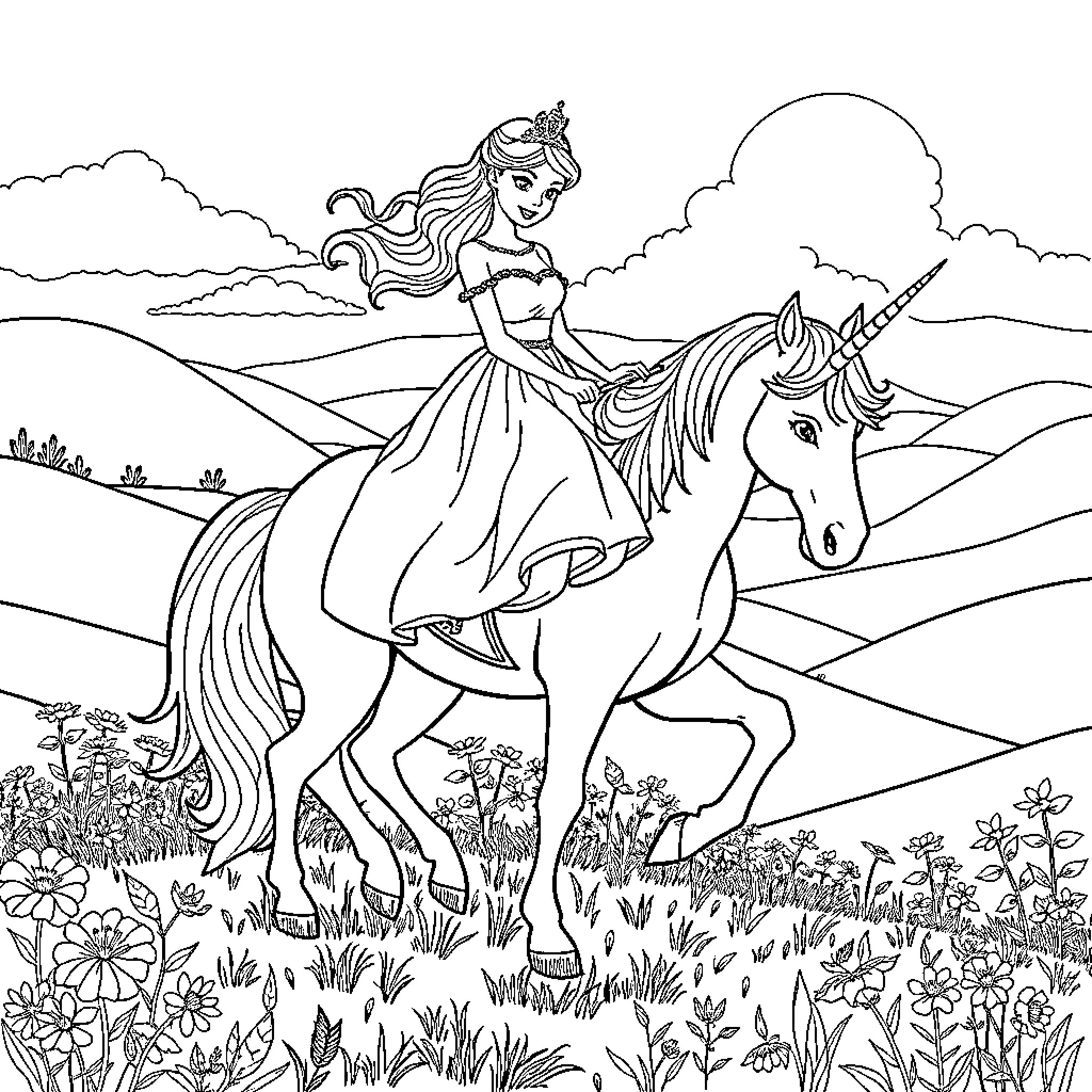 Princess Riding Majestic Unicorn Through Enchanting Landscape Coloring Page (free black-and-white line drawing printable PDF for all, from beginners to advanced learners, including children, teens, adults, and seniors)