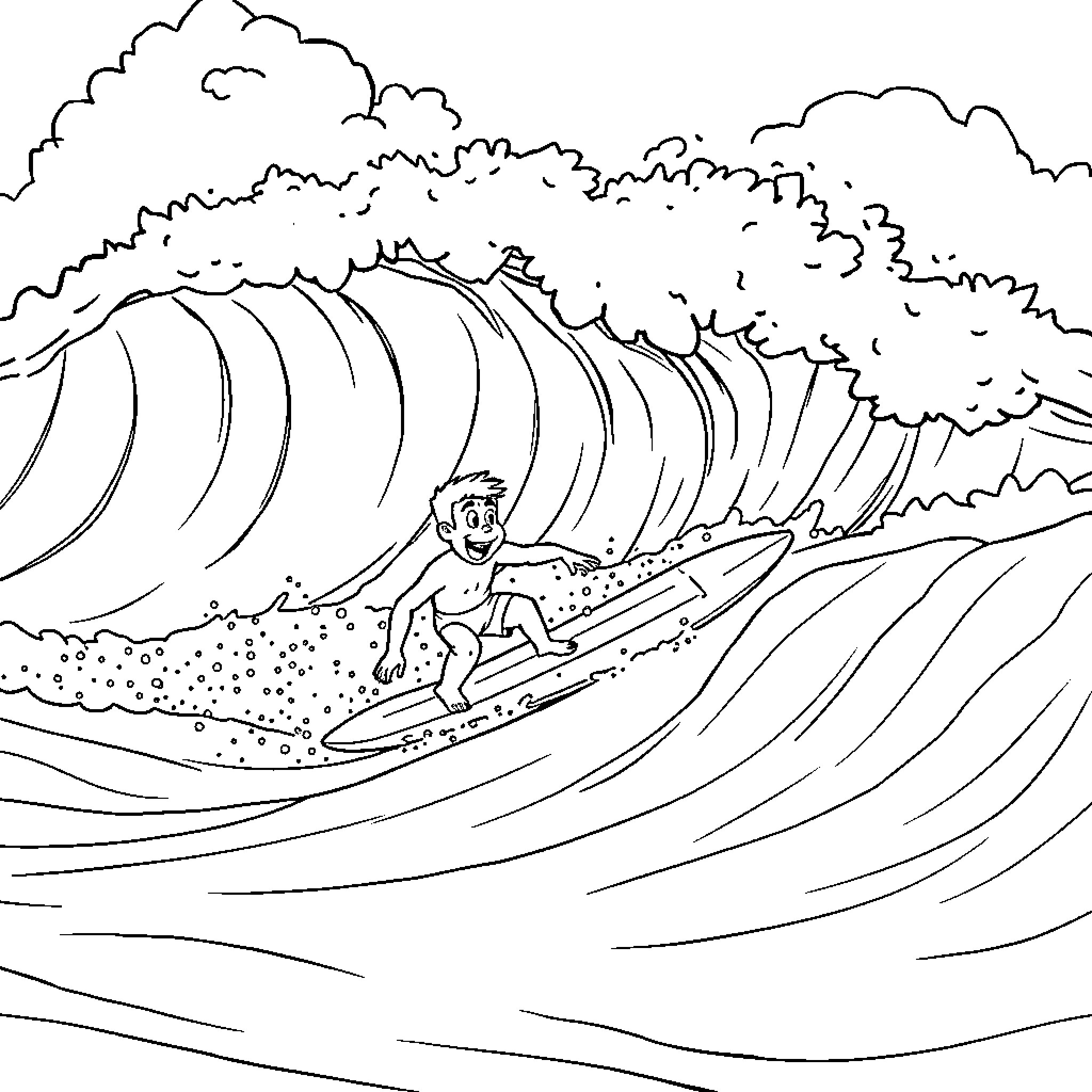 Spongebob surfs the giant waves Coloring Page (free black-and-white line drawing printable PDF for all, from beginners to advanced learners, including children, teens, adults, and seniors)