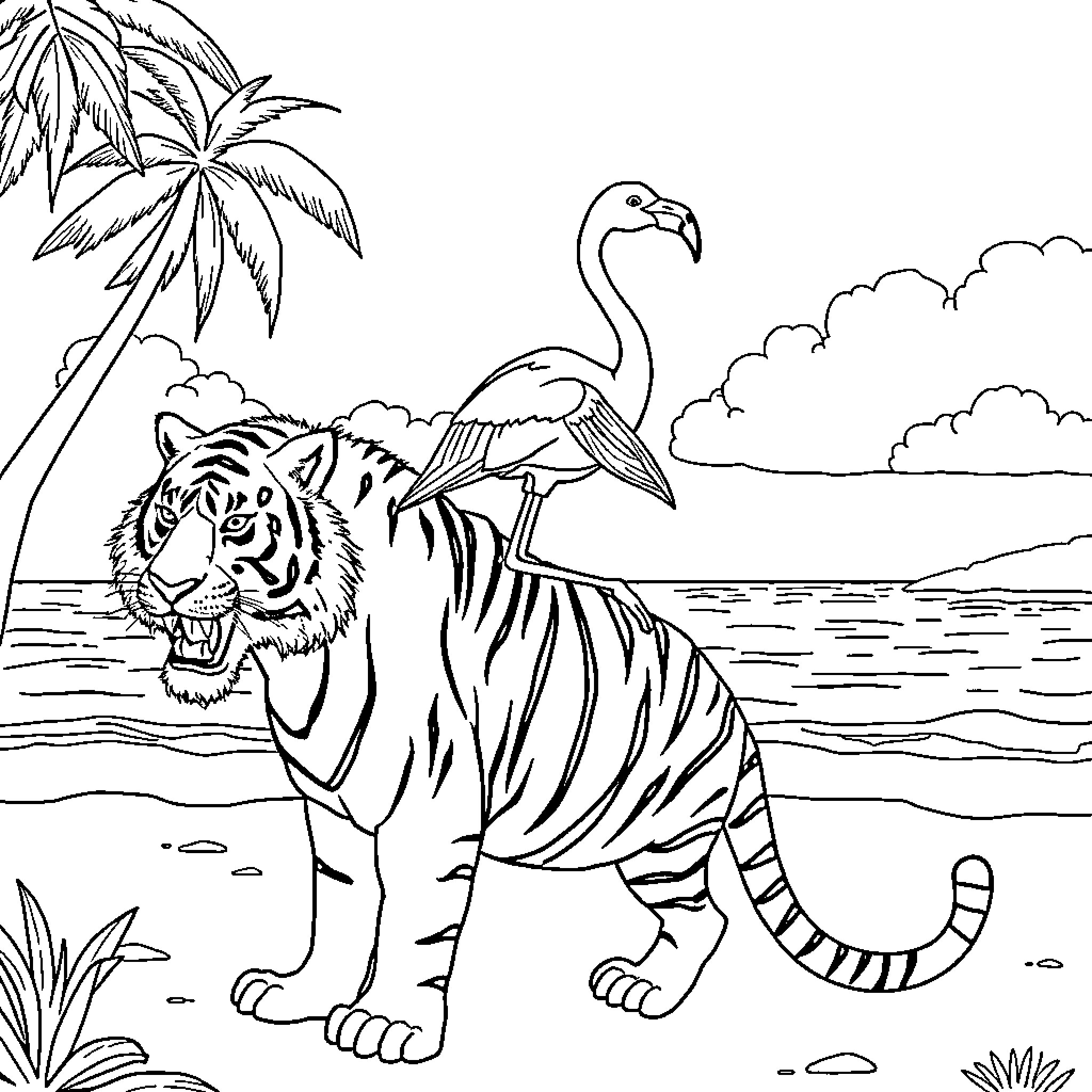 Flamingo and Tiger in Tropical Landscape Coloring Page (free black-and-white line drawing printable PDF for all, from beginners to advanced learners, including children, teens, adults, and seniors)