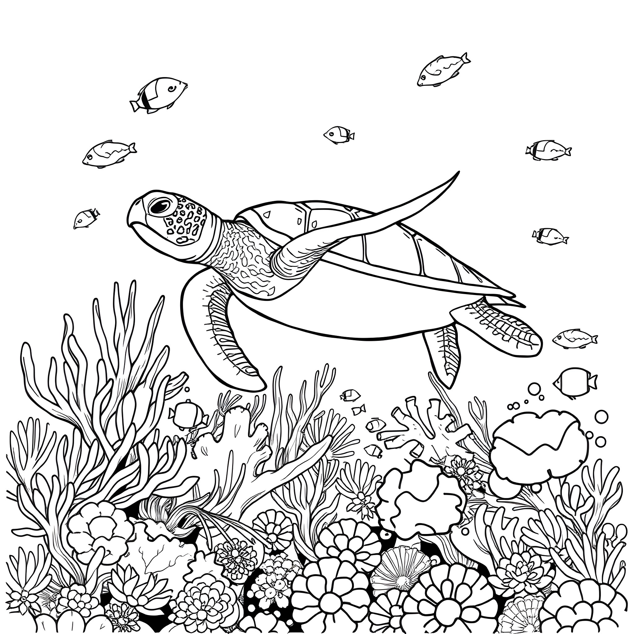 Sea Turtle swimming amid diverse marine life Coloring Page (free black-and-white line drawing printable PDF for all, from beginners to advanced learners, including children, teens, adults, and seniors)