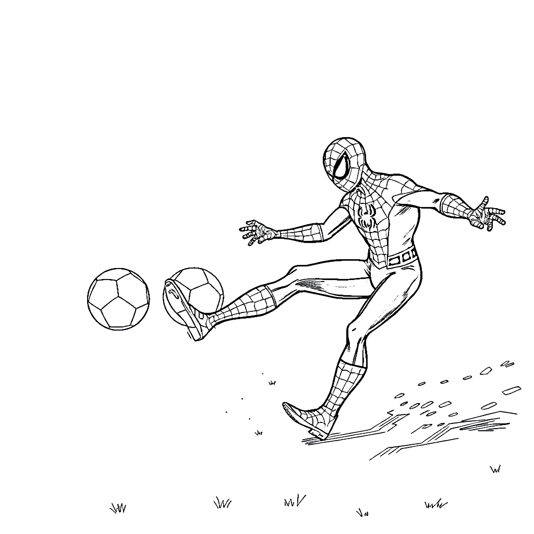 Spiderman playing with soccer balls on the field Coloring Page (free black-and-white line drawing printable PDF for all, from beginners to advanced learners, including children, teens, adults, and seniors)