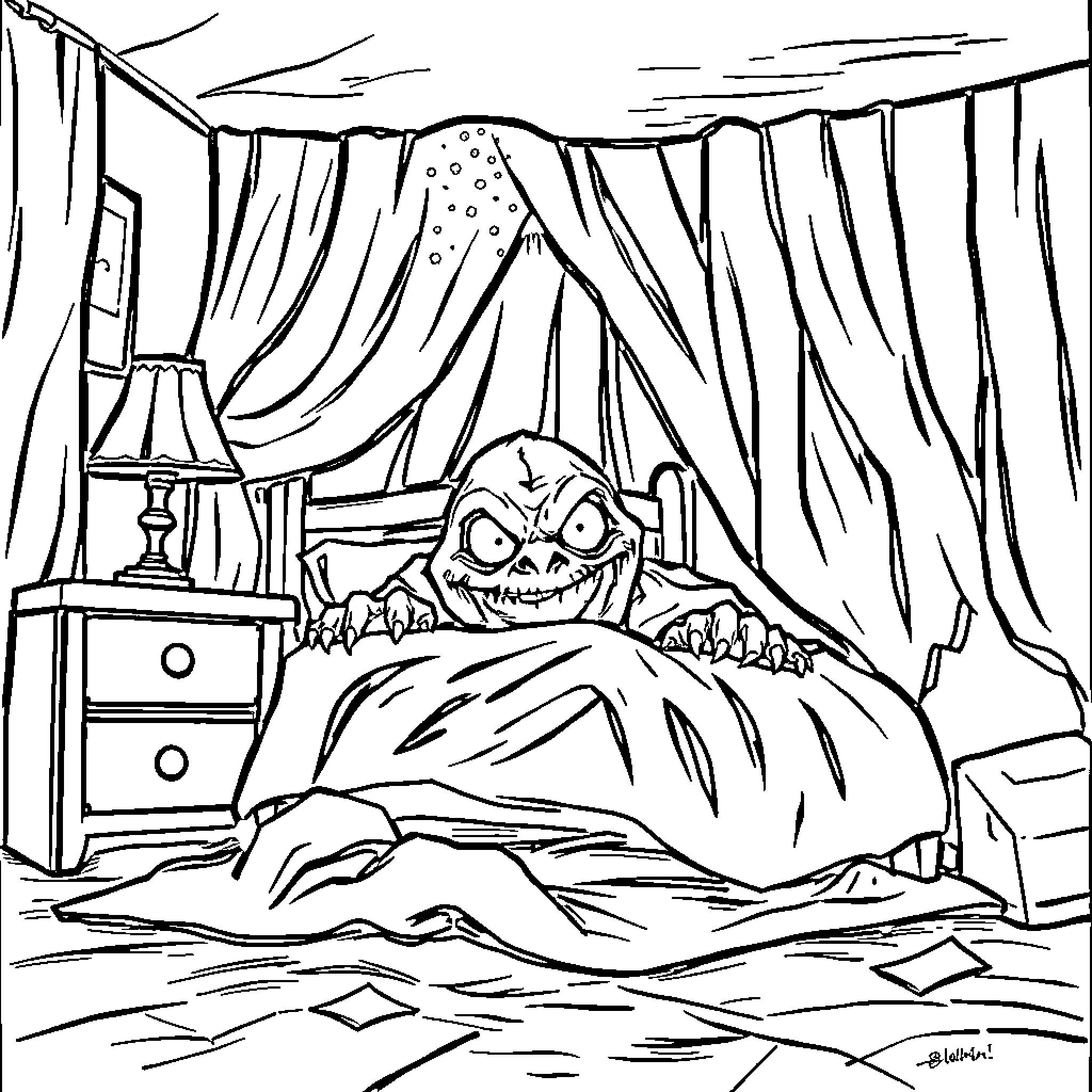 Monster lurking in a spooky bedroom Coloring Page (free black-and-white line drawing printable PDF for all, from beginners to advanced learners, including children, teens, adults, and seniors)
