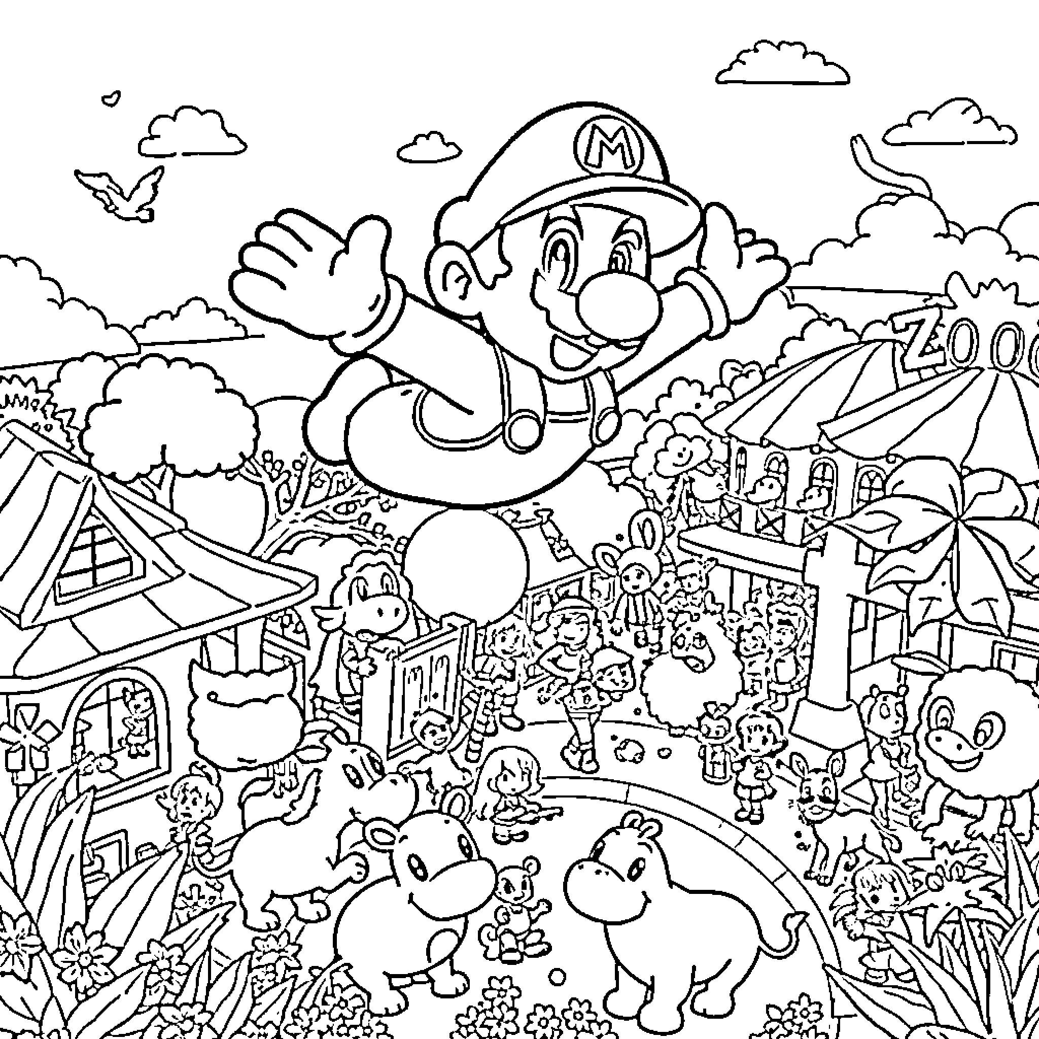 Super Mario Exploring a Whimsical Zoo Scene Coloring Page (free black-and-white line drawing printable PDF for all, from beginners to advanced learners, including children, teens, adults, and seniors)