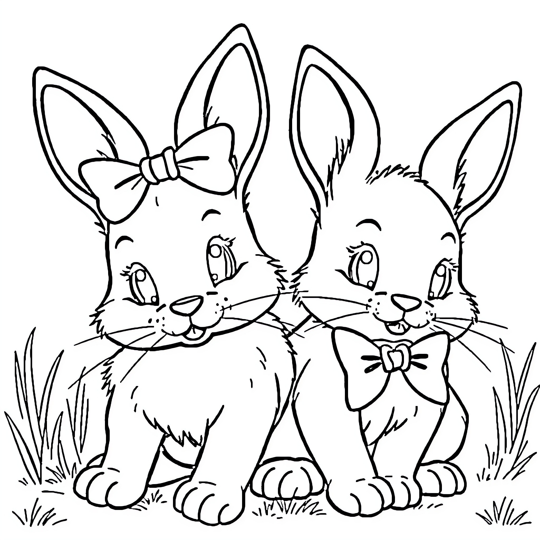 Bunny friends with bows in the grass Coloring Page (free black-and-white line drawing printable PDF for all, from beginners to advanced learners, including children, teens, adults, and seniors)