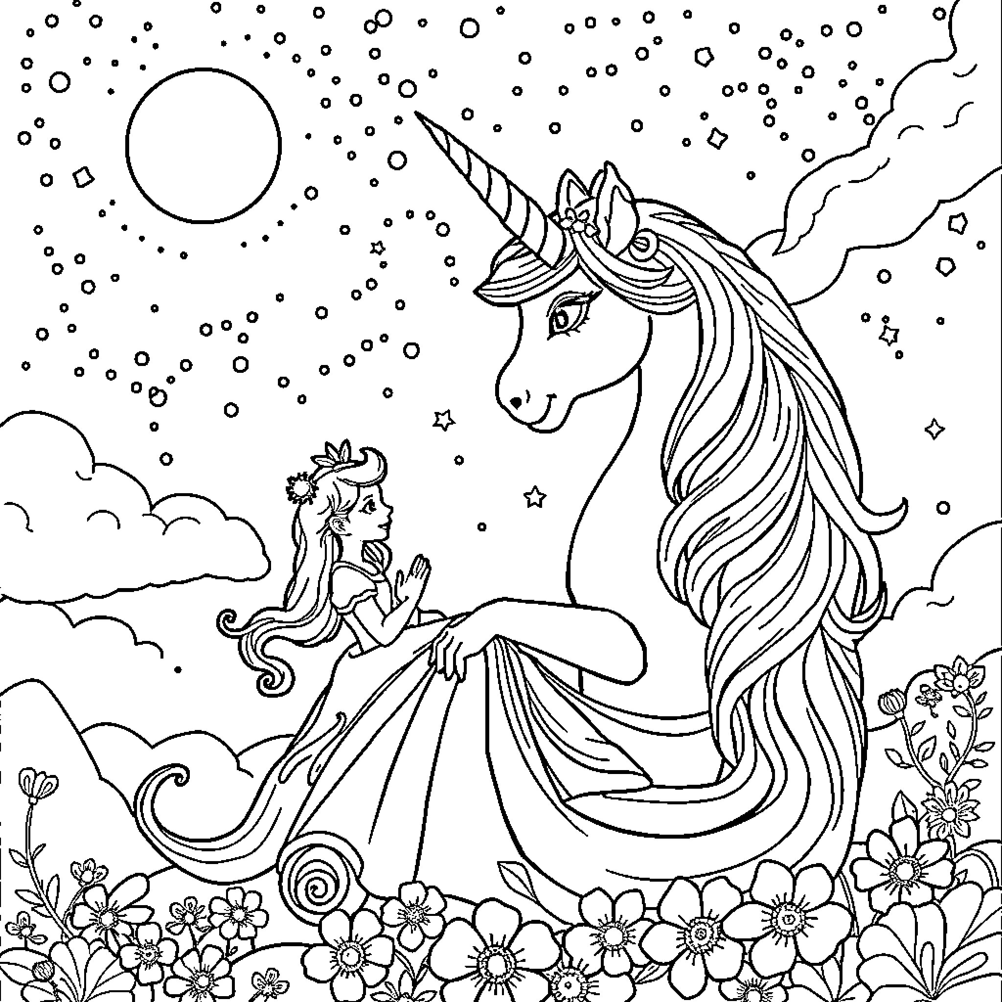 Unicorn enchanting a princess in a magical night Coloring Page (free black-and-white line drawing printable PDF for all, from beginners to advanced learners, including children, teens, adults, and seniors)