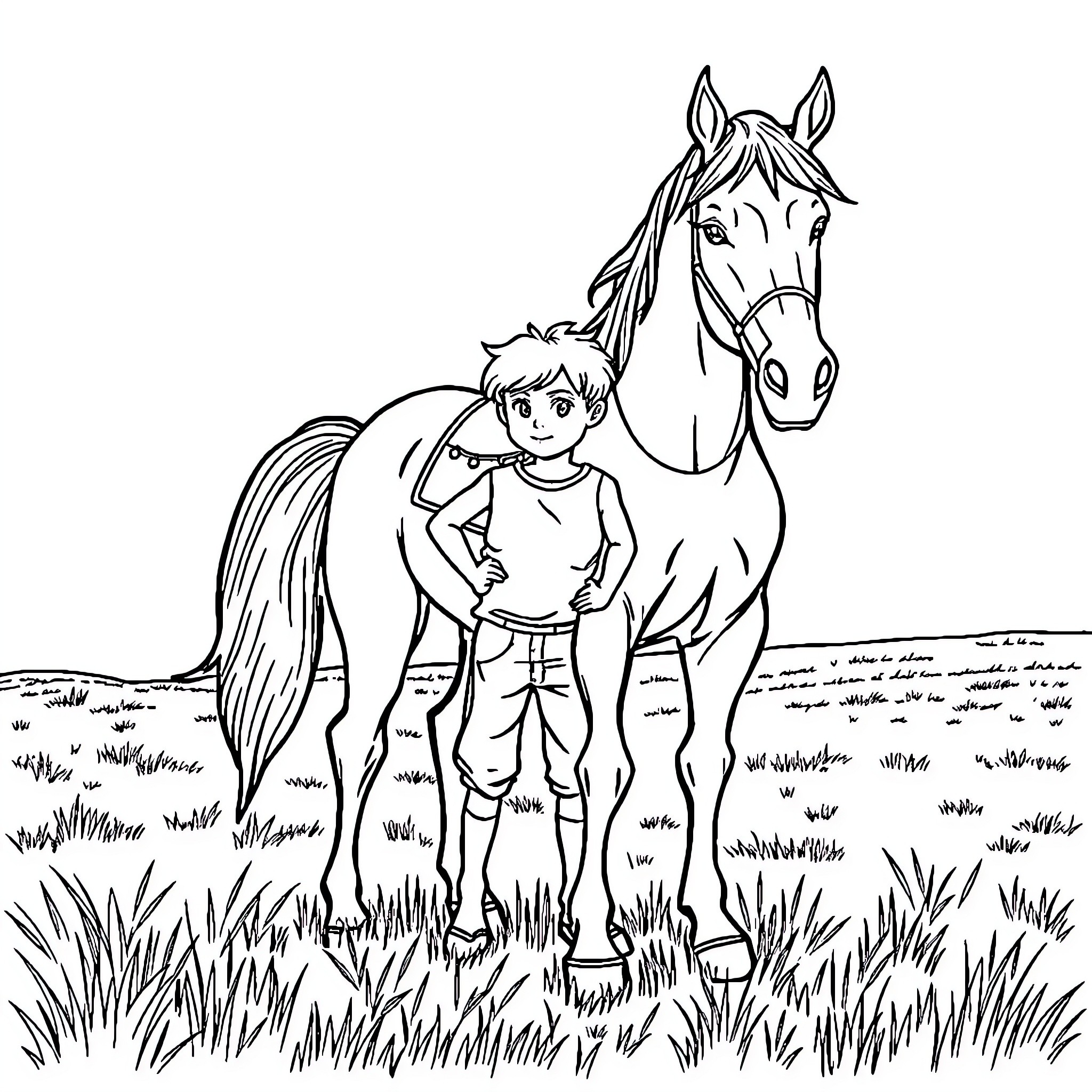 Boy standing beside a friendly horse Coloring Page (free black-and-white line drawing printable PDF for all, from beginners to advanced learners, including children, teens, adults, and seniors)