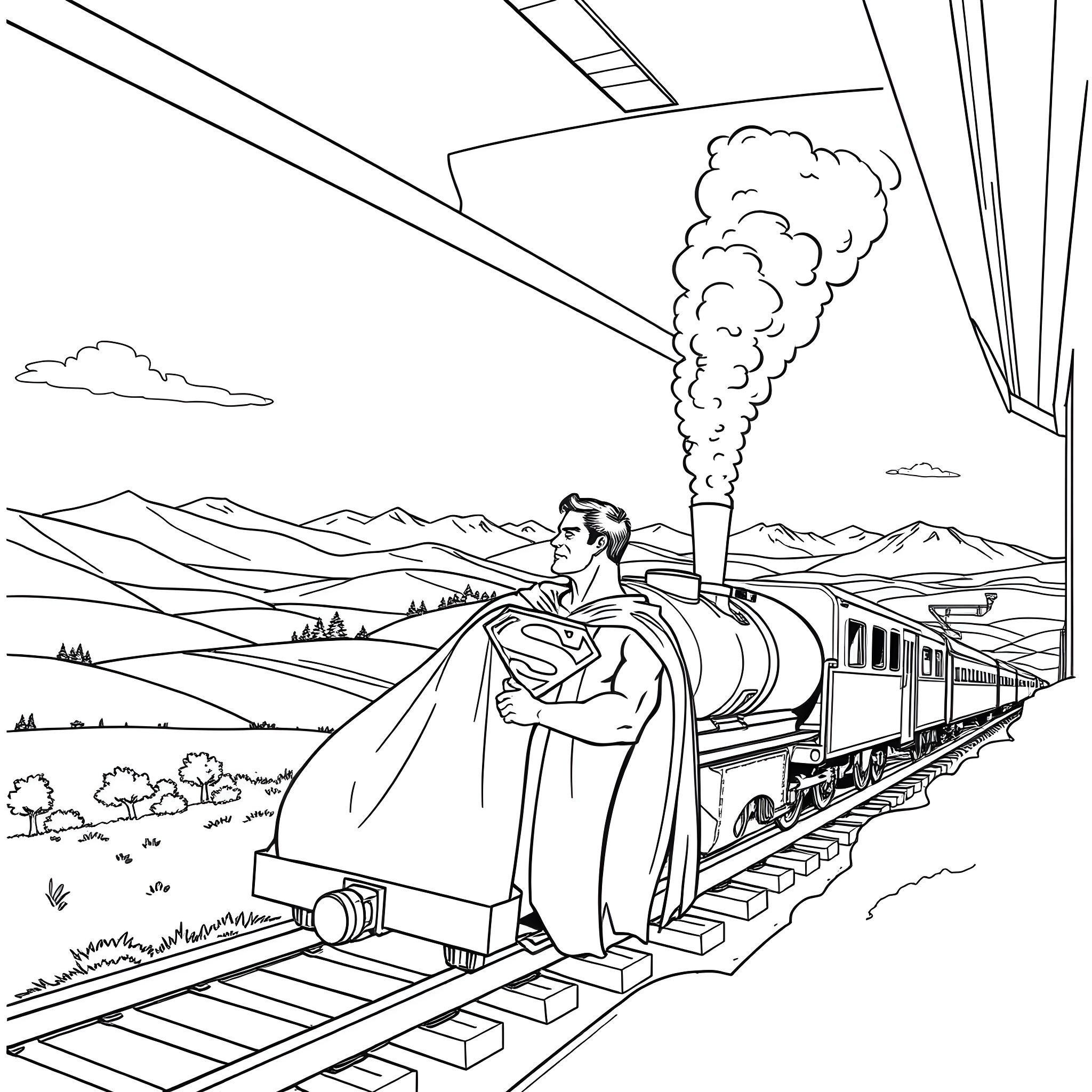Superman riding a steam train through the countryside Coloring Page (free black-and-white line drawing printable PDF for all, from beginners to advanced learners, including children, teens, adults, and seniors)