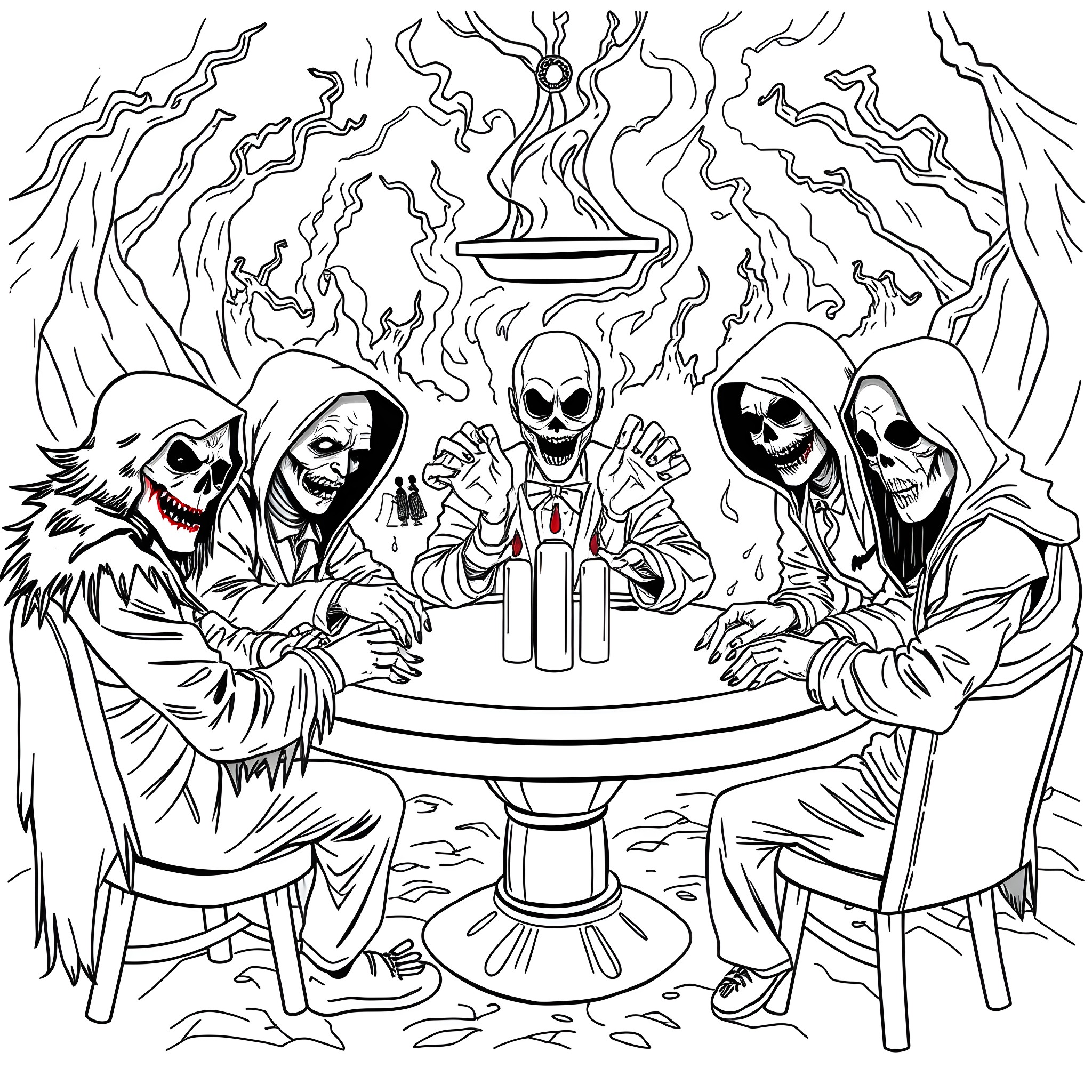 Horror Movie Icon Hooded Figures at Ritual Table Coloring Page (free black-and-white line drawing printable PDF for all, from beginners to advanced learners, including children, teens, adults, and seniors)