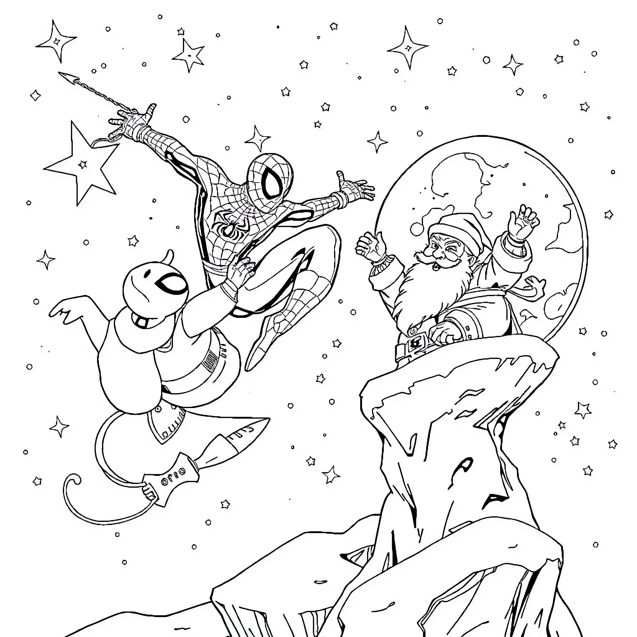 Spiderman swinging through the stars with Santa Coloring Page (free black-and-white line drawing printable PDF for all, from beginners to advanced learners, including children, teens, adults, and seniors)
