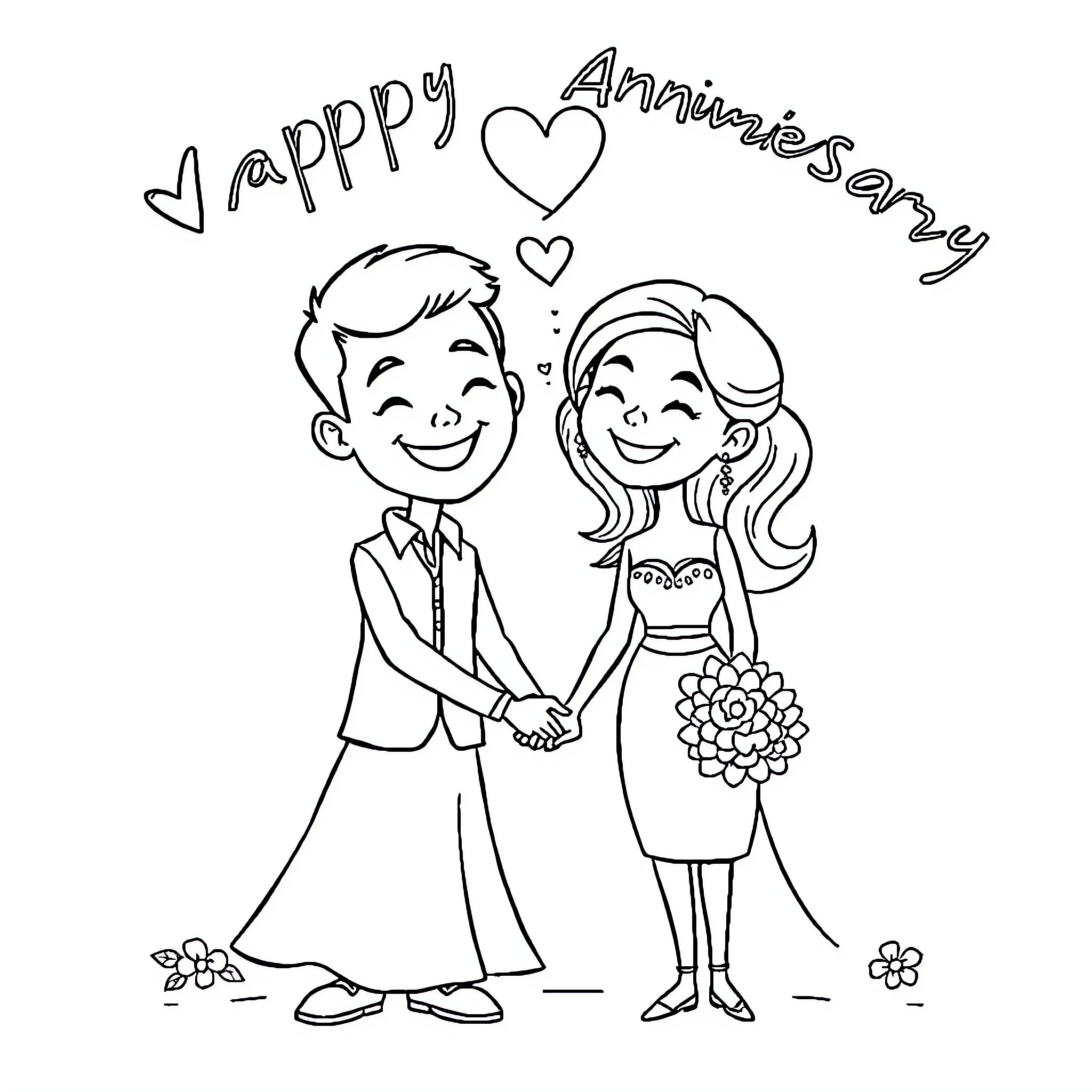 Couple celebrating happy anniversary Coloring Page (free black-and-white line drawing printable PDF for all, from beginners to advanced learners, including children, teens, adults, and seniors)
