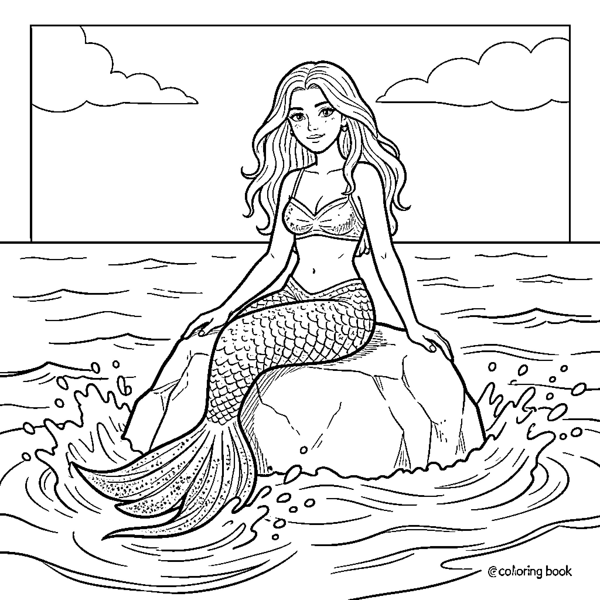 Mermaid sitting gracefully on a rock by the ocean Coloring Page (free black-and-white line drawing printable PDF for all, from beginners to advanced learners, including children, teens, adults, and seniors)