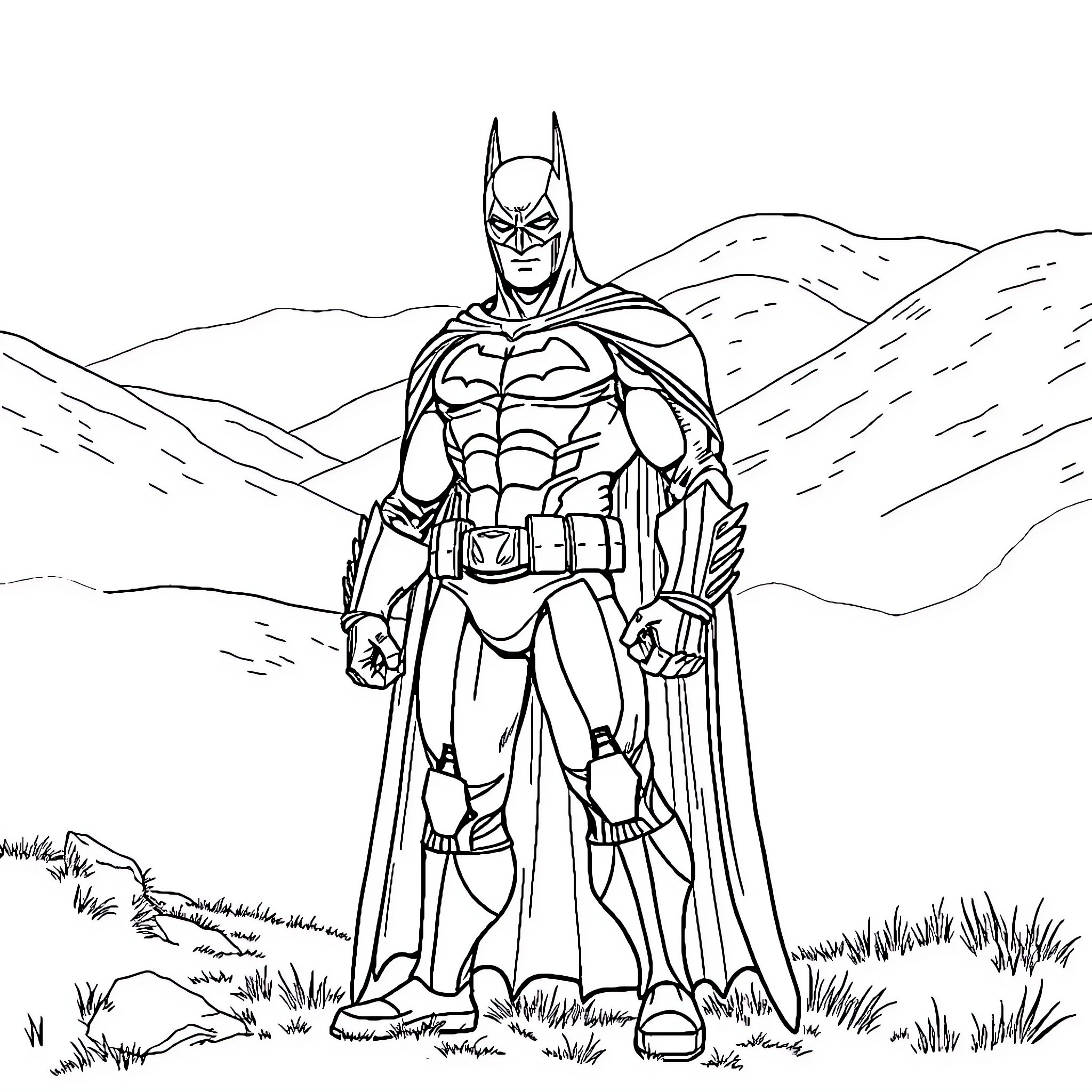 Batman standing heroically in a rugged landscape Coloring Page (free black-and-white line drawing printable PDF for all, from beginners to advanced learners, including children, teens, adults, and seniors)