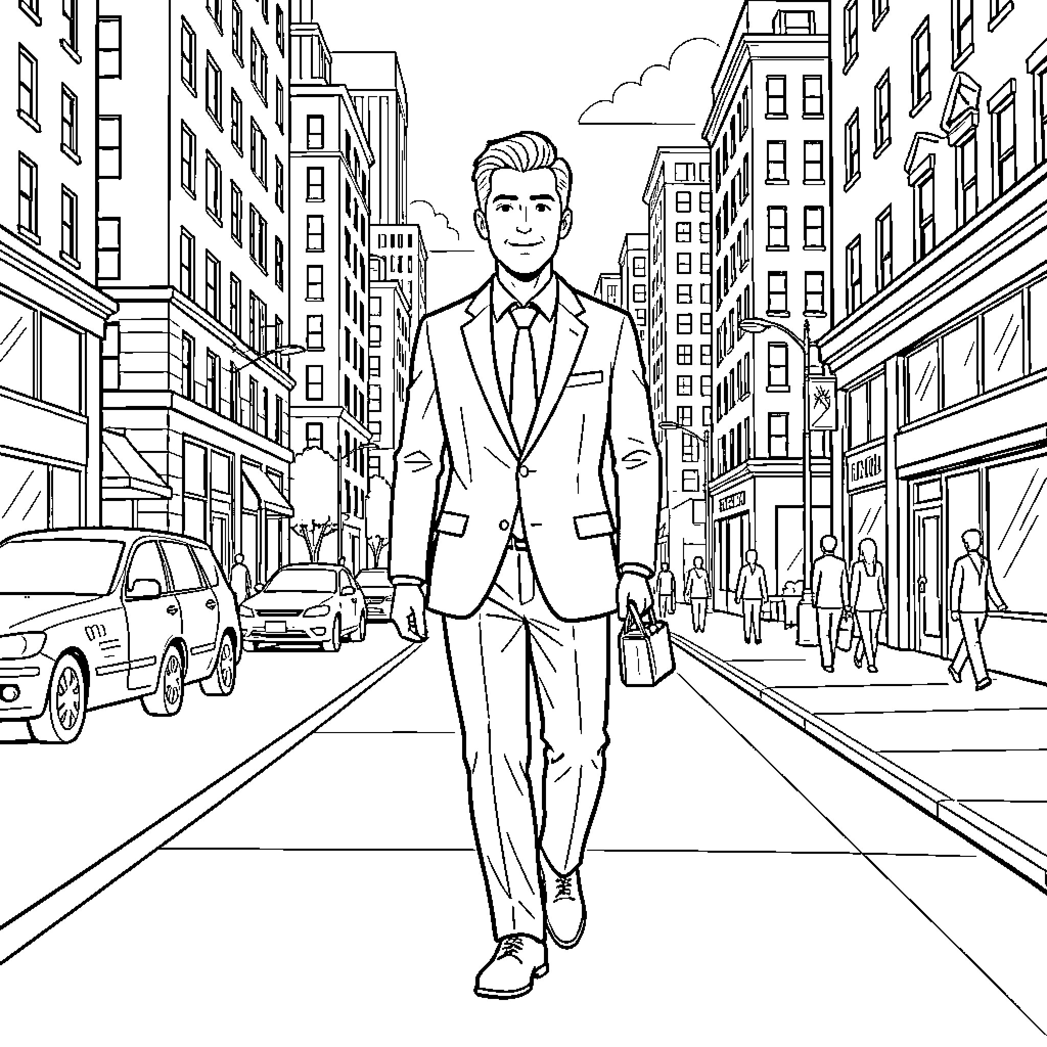 Spiderman walking confidently down a busy city street Coloring Page (free black-and-white line drawing printable PDF for all, from beginners to advanced learners, including children, teens, adults, and seniors)