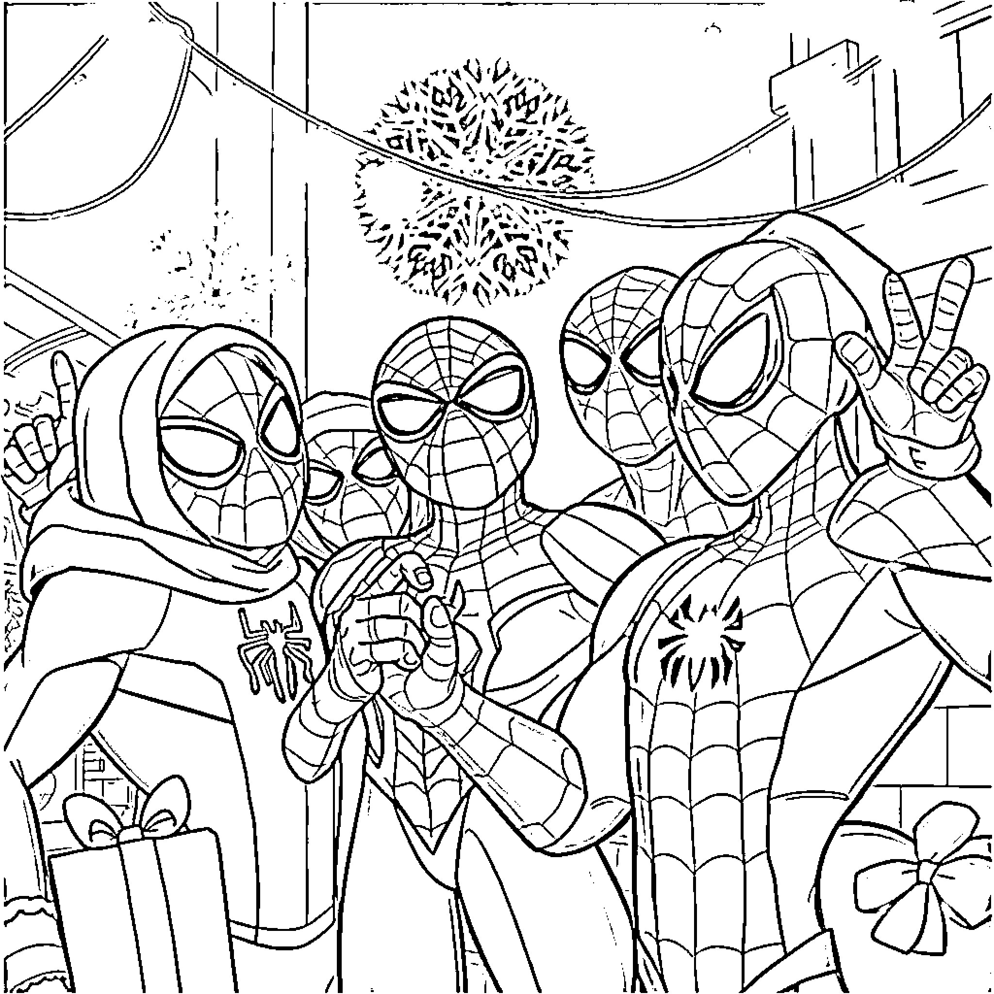 Spider-Man and friends celebrate with webbed decorations Coloring Page (free black-and-white line drawing printable PDF for all, from beginners to advanced learners, including children, teens, adults, and seniors)