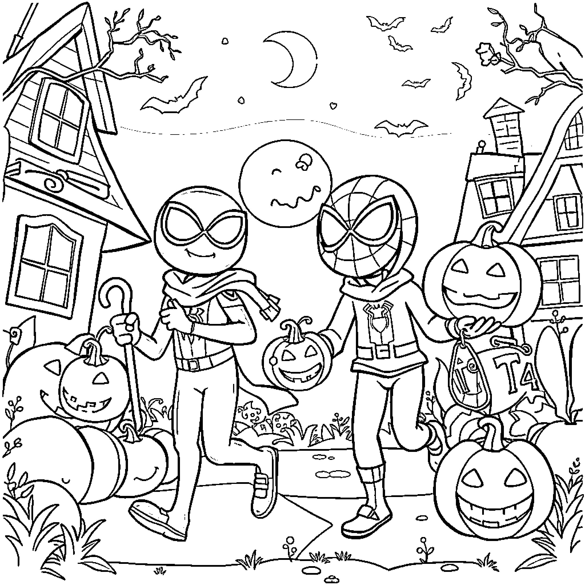 Bluey's Spooky Halloween Adventure Coloring Page (free black-and-white line drawing printable PDF for all, from beginners to advanced learners, including children, teens, adults, and seniors)