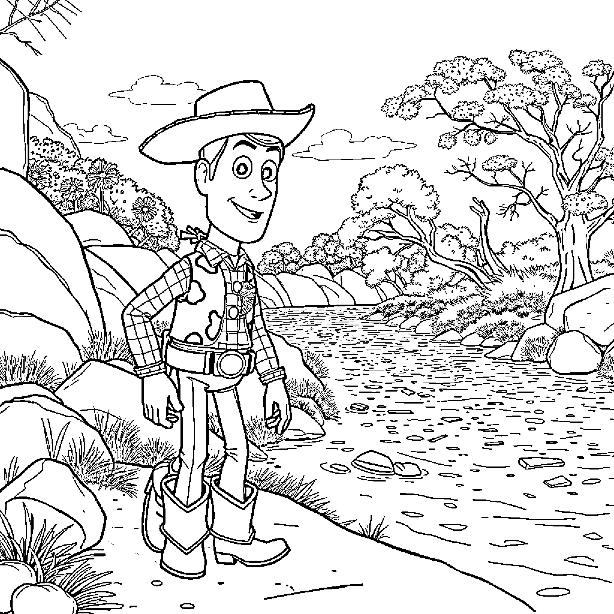 Woody's Scenic Adventure in the Countryside Coloring Page (free black-and-white line drawing printable PDF for all, from beginners to advanced learners, including children, teens, adults, and seniors)
