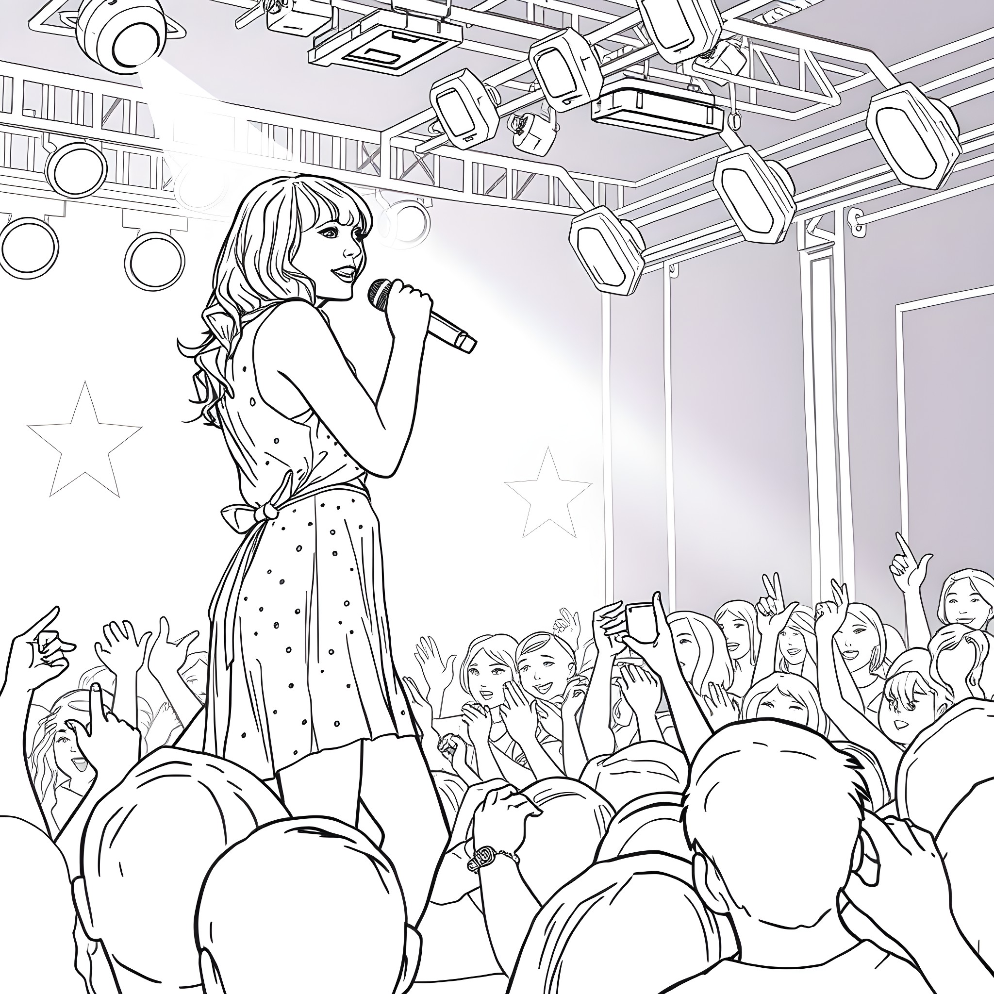 Taylor Swift performing on stage with an energetic crowd Coloring Page (free black-and-white line drawing printable PDF for all, from beginners to advanced learners, including children, teens, adults, and seniors)