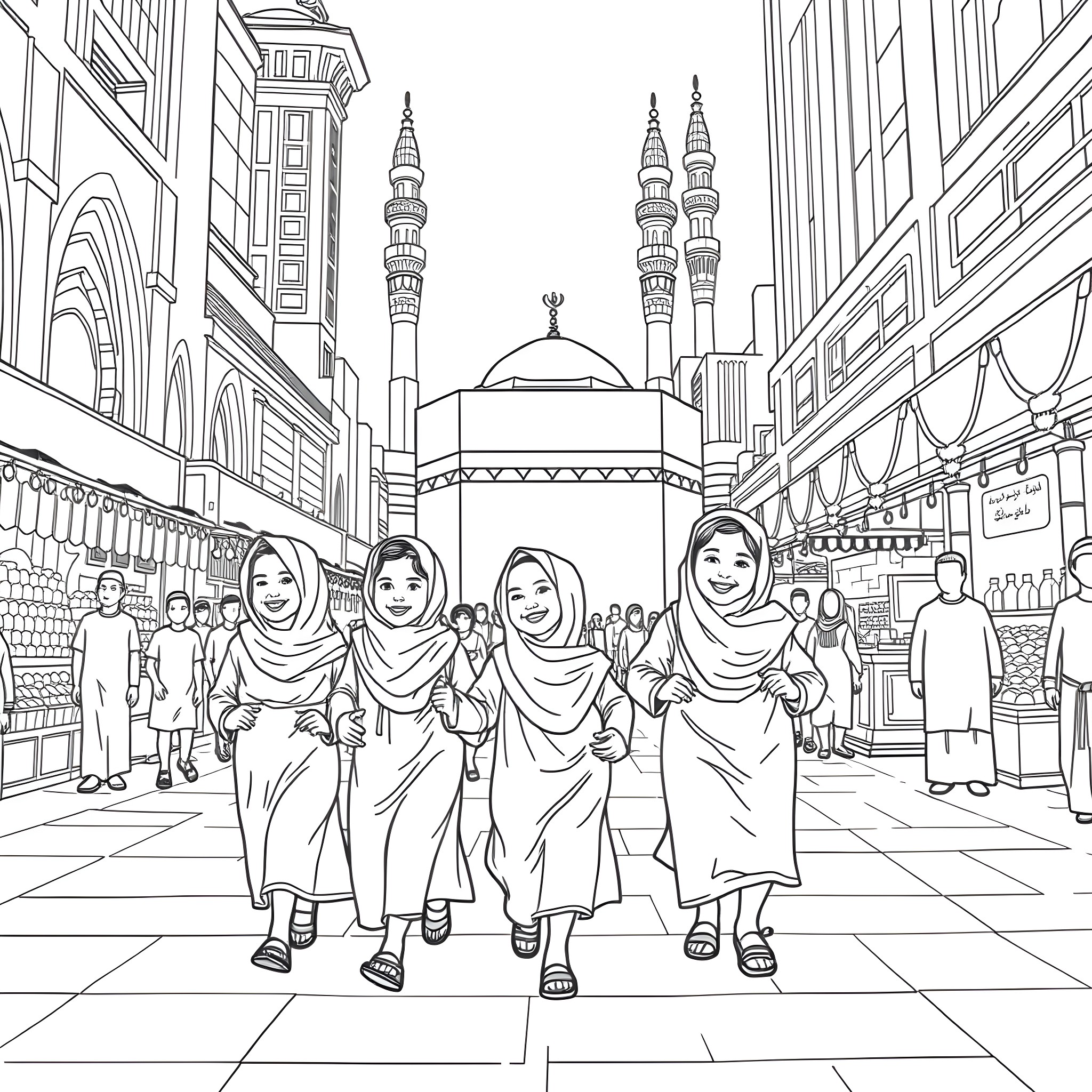 Kid walking through bustling Islamic city street Coloring Page (free black-and-white line drawing printable PDF for all, from beginners to advanced learners, including children, teens, adults, and seniors)