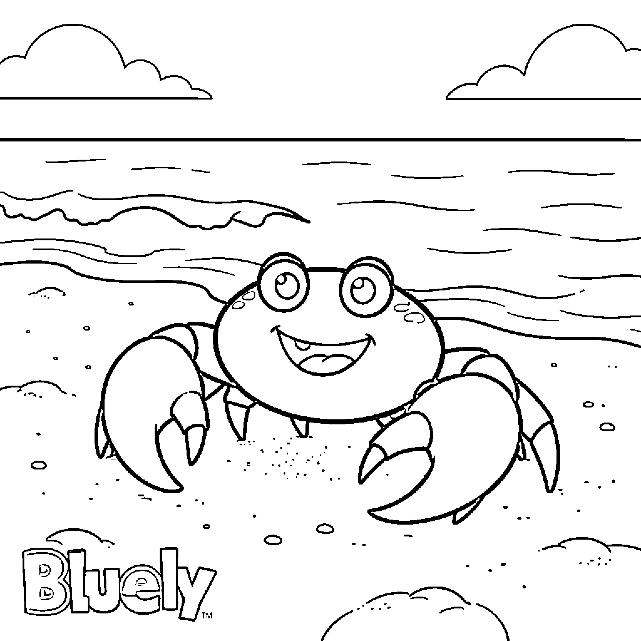Tickler Crab amusing on the beach Coloring Page (free black-and-white line drawing printable PDF for all, from beginners to advanced learners, including children, teens, adults, and seniors)
