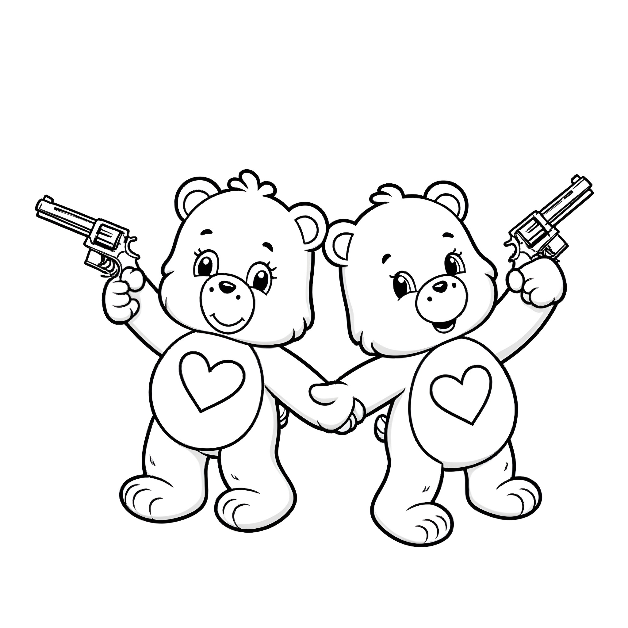 Care Bears with toy guns playing together Coloring Page (free black-and-white line drawing printable PDF for all, from beginners to advanced learners, including children, teens, adults, and seniors)