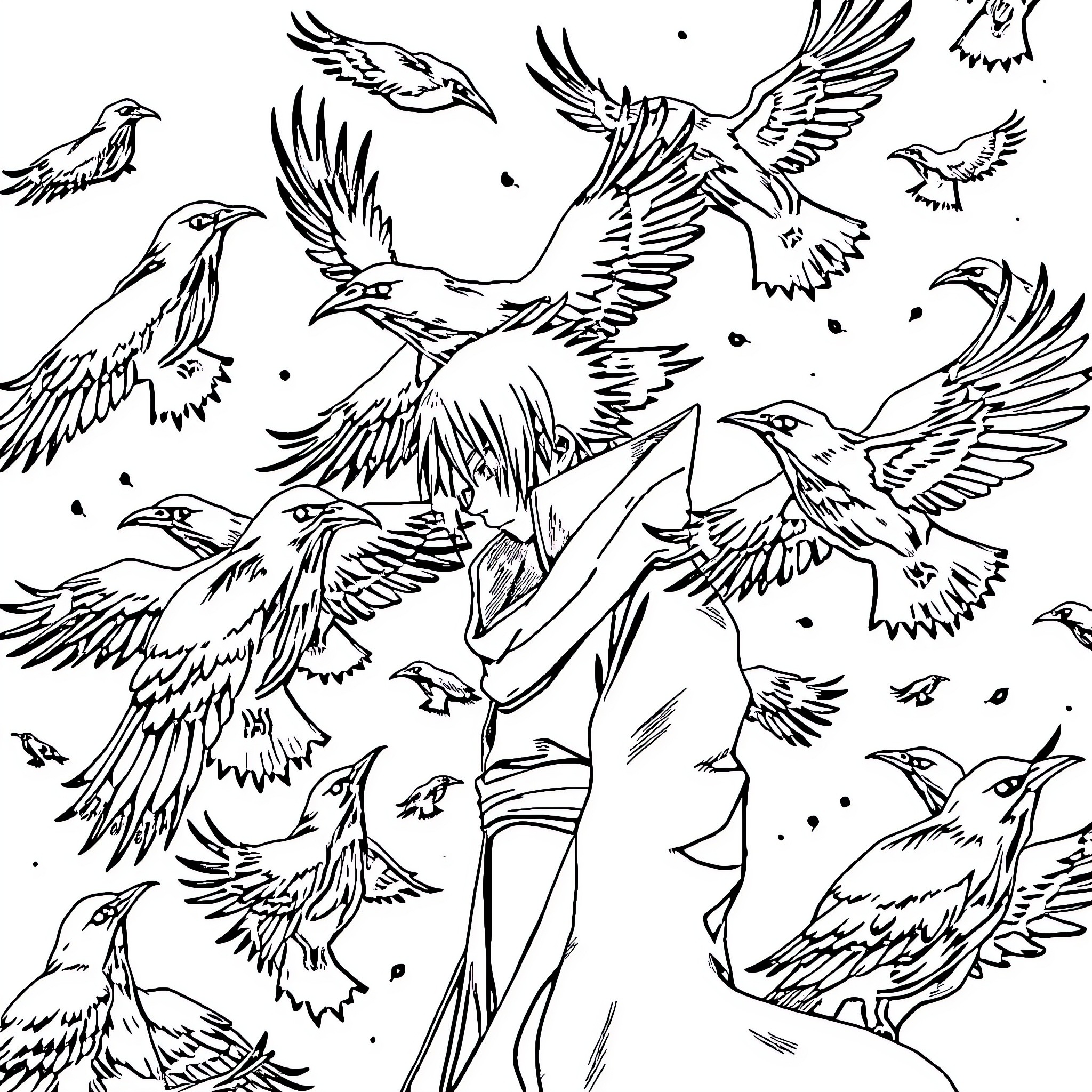 Uchiha Itachi surrounded by a flock of crows Coloring Page (free black-and-white line drawing printable PDF for all, from beginners to advanced learners, including children, teens, adults, and seniors)
