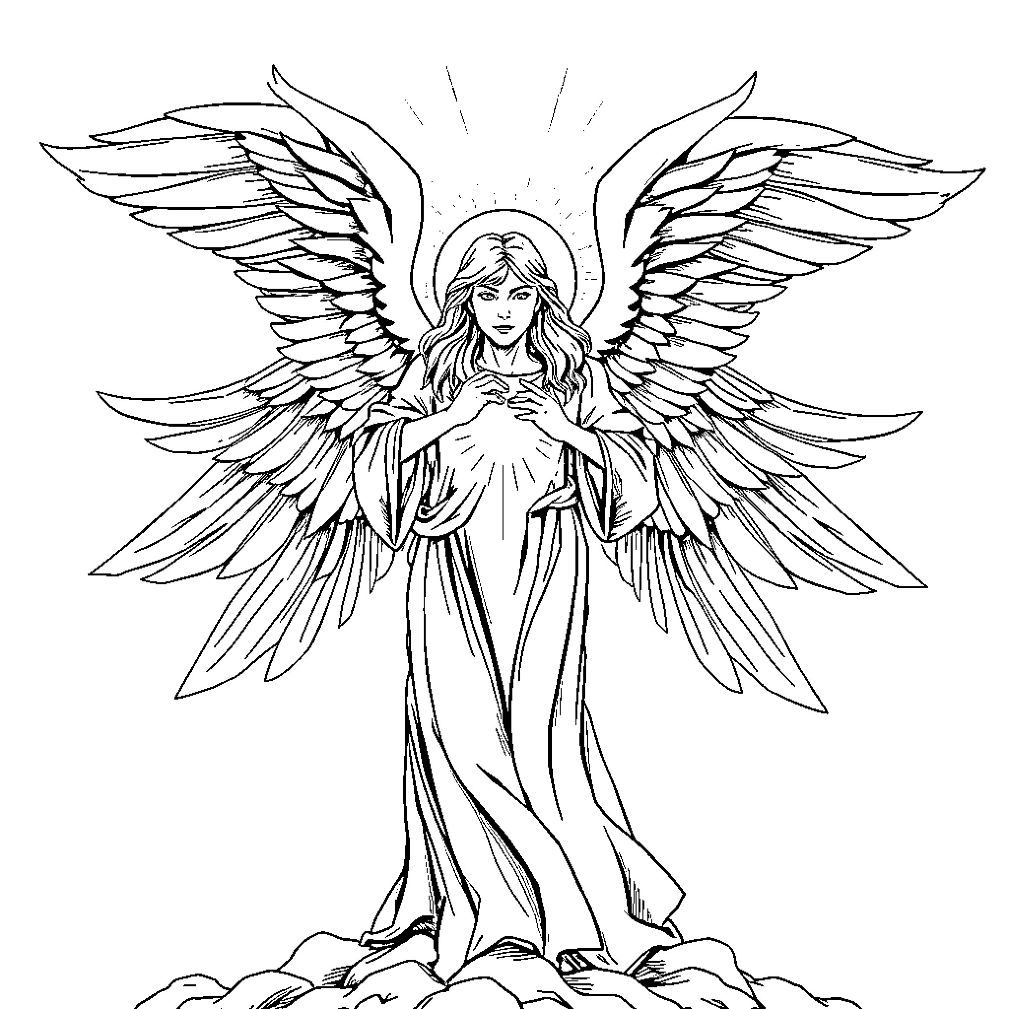 Angel of divine grace and radiance Coloring Page (free black-and-white line drawing printable PDF for all, from beginners to advanced learners, including children, teens, adults, and seniors)