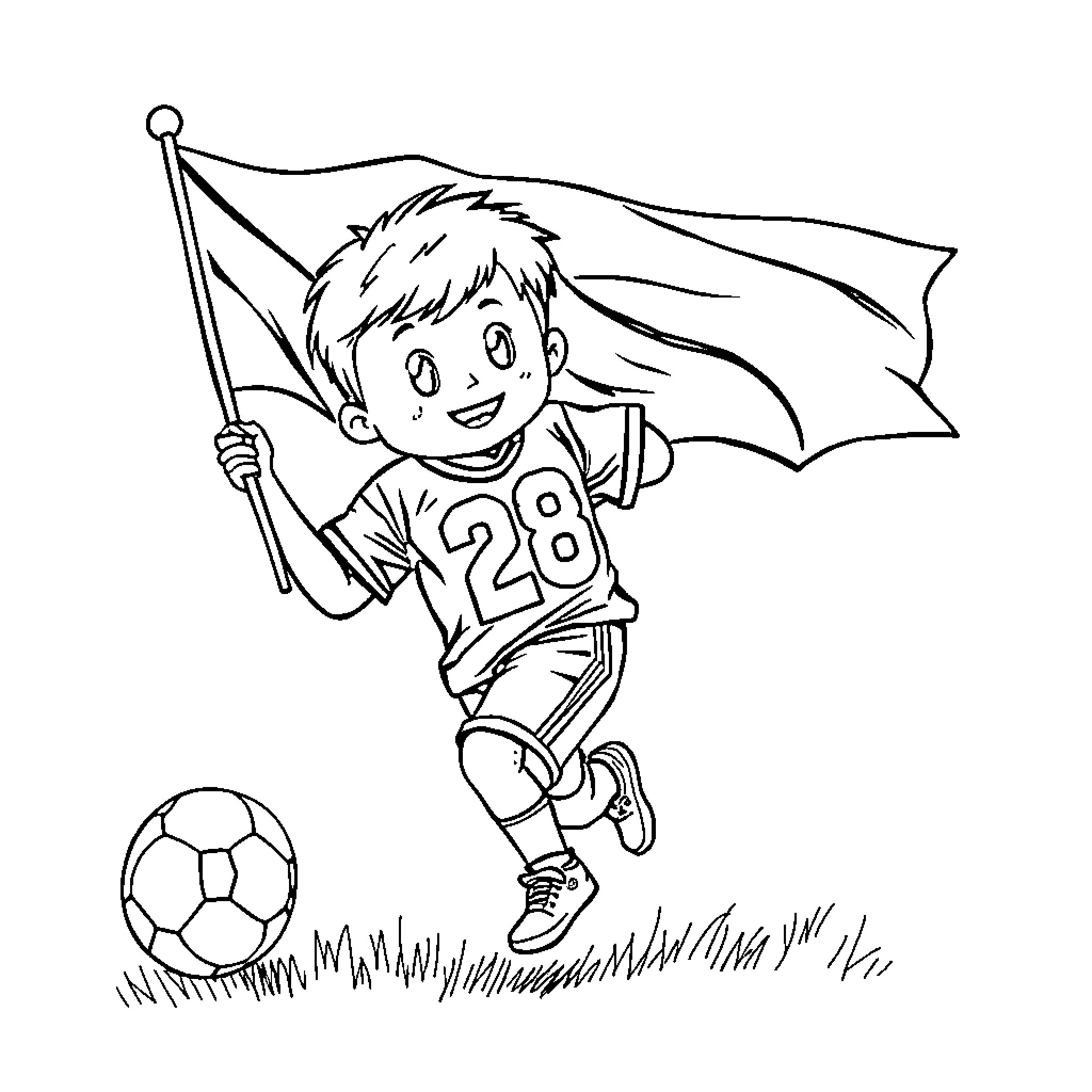 Child enthusiastically waving flag while playing soccer Coloring Page (free black-and-white line drawing printable PDF for all, from beginners to advanced learners, including children, teens, adults, and seniors)