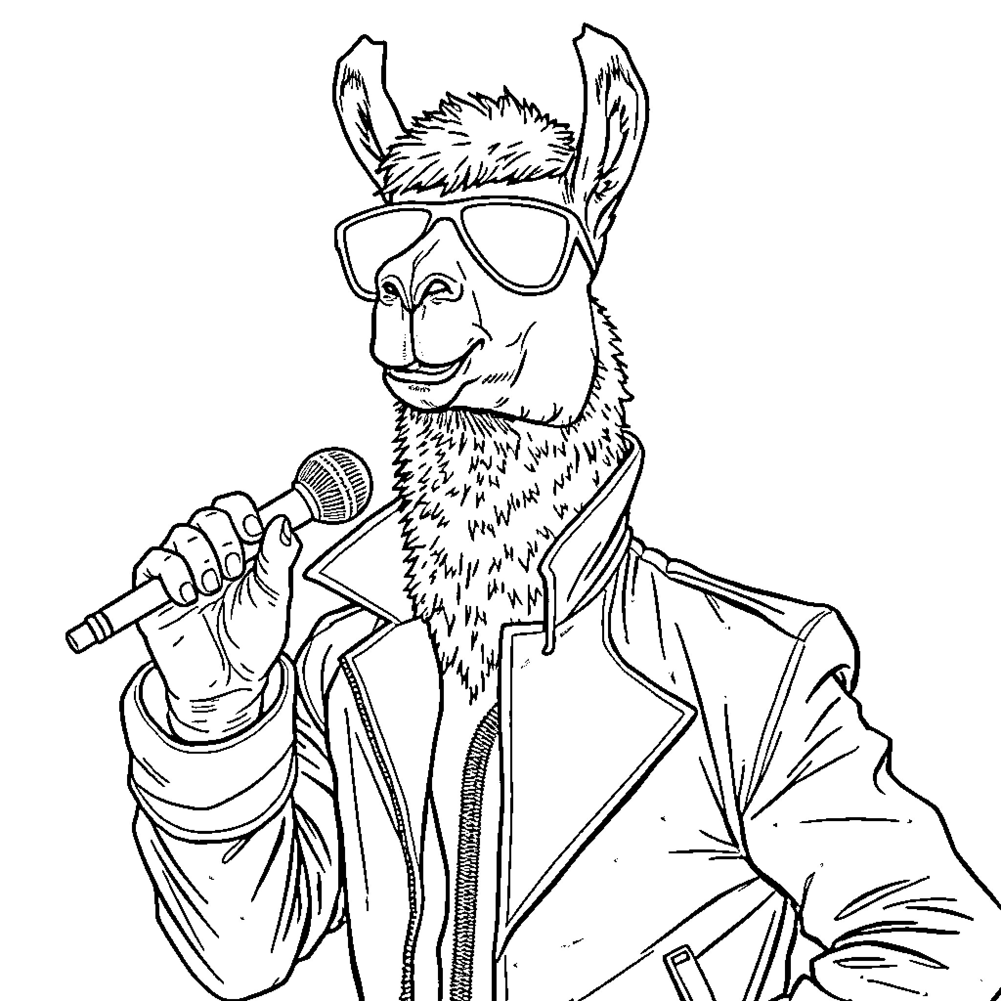 Llama wearing trendy sunglasses and holding a microphone Coloring Page (free black-and-white line drawing printable PDF for all, from beginners to advanced learners, including children, teens, adults, and seniors)