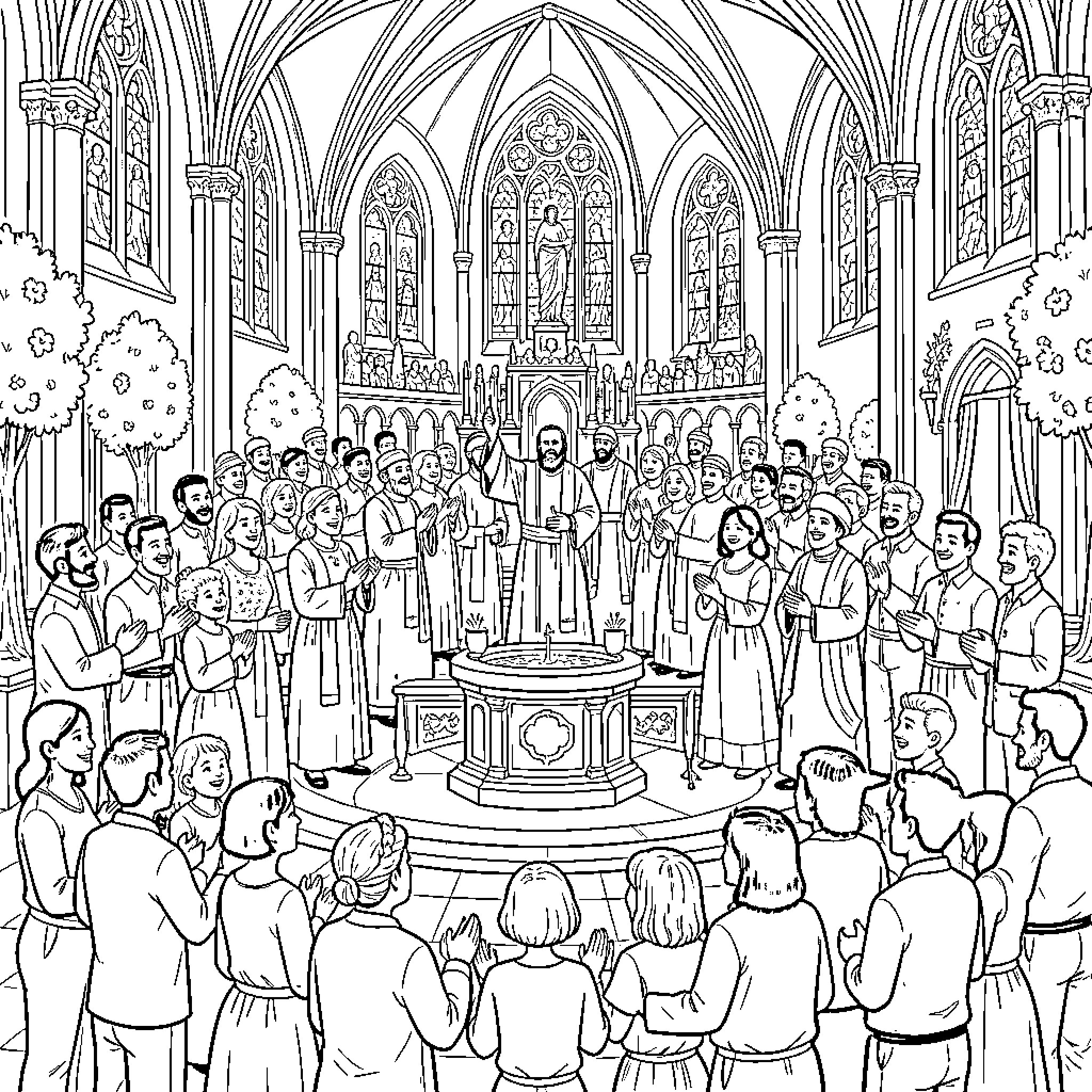 Sacramento del Bautismo with a priest and gathering congregation Coloring Page (free black-and-white line drawing printable PDF for all, from beginners to advanced learners, including children, teens, adults, and seniors)