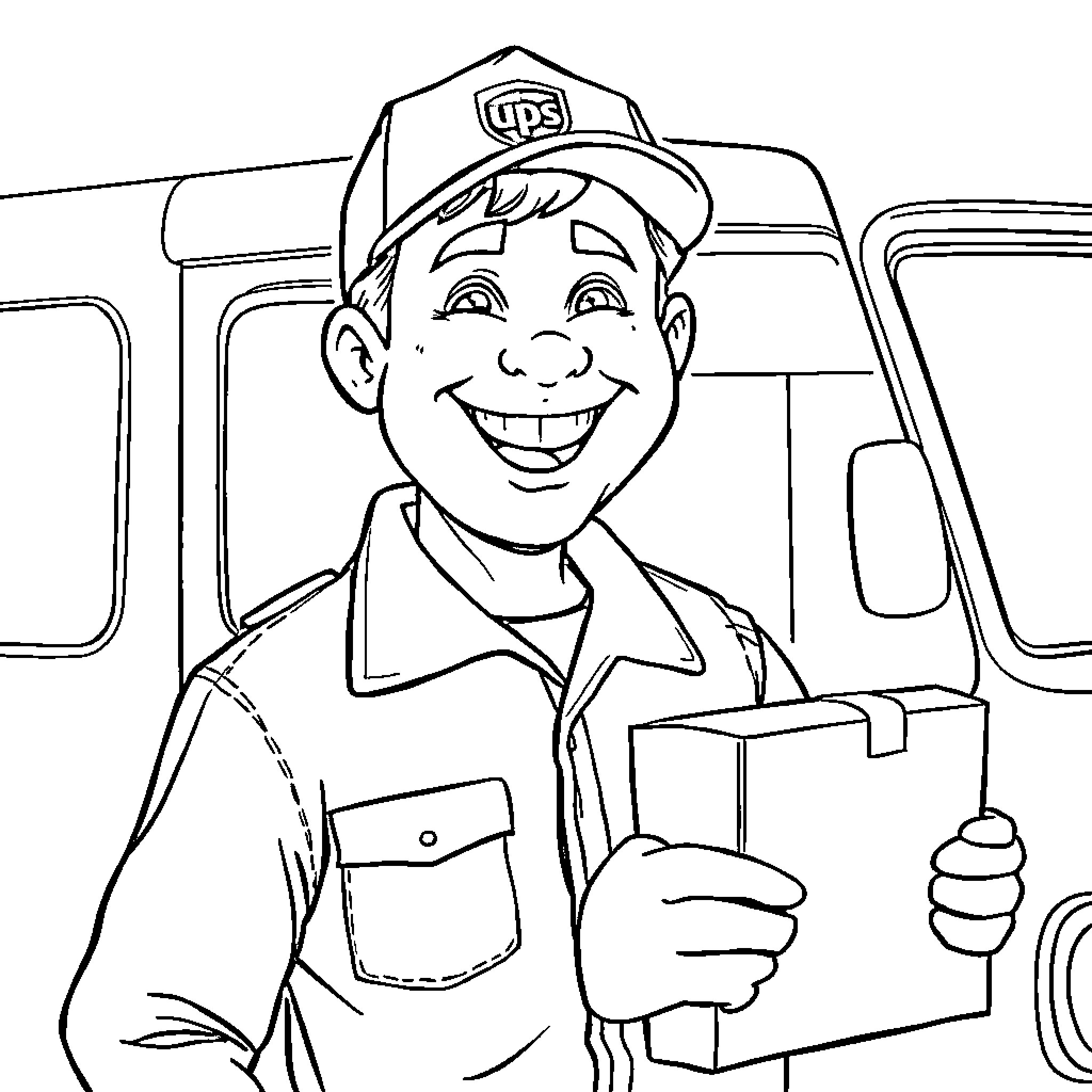UPS Driver Delivering Packages with a Smile Coloring Page (free black-and-white line drawing printable PDF for all, from beginners to advanced learners, including children, teens, adults, and seniors)