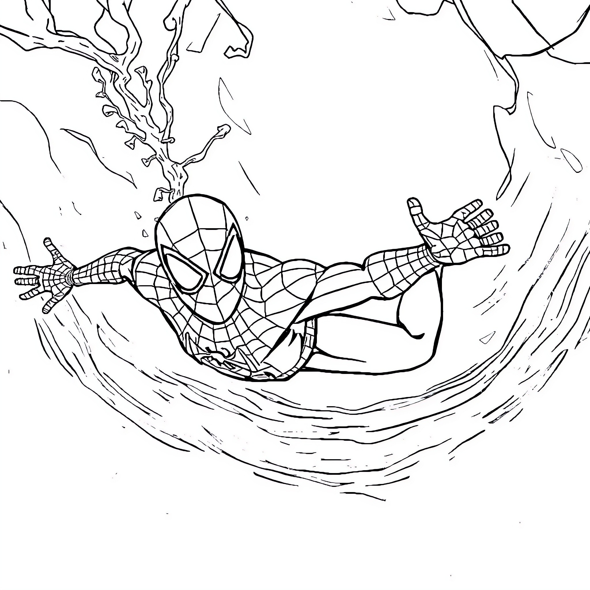 Spiderman swinging through the city Coloring Page (free black-and-white line drawing printable PDF for all, from beginners to advanced learners, including children, teens, adults, and seniors)