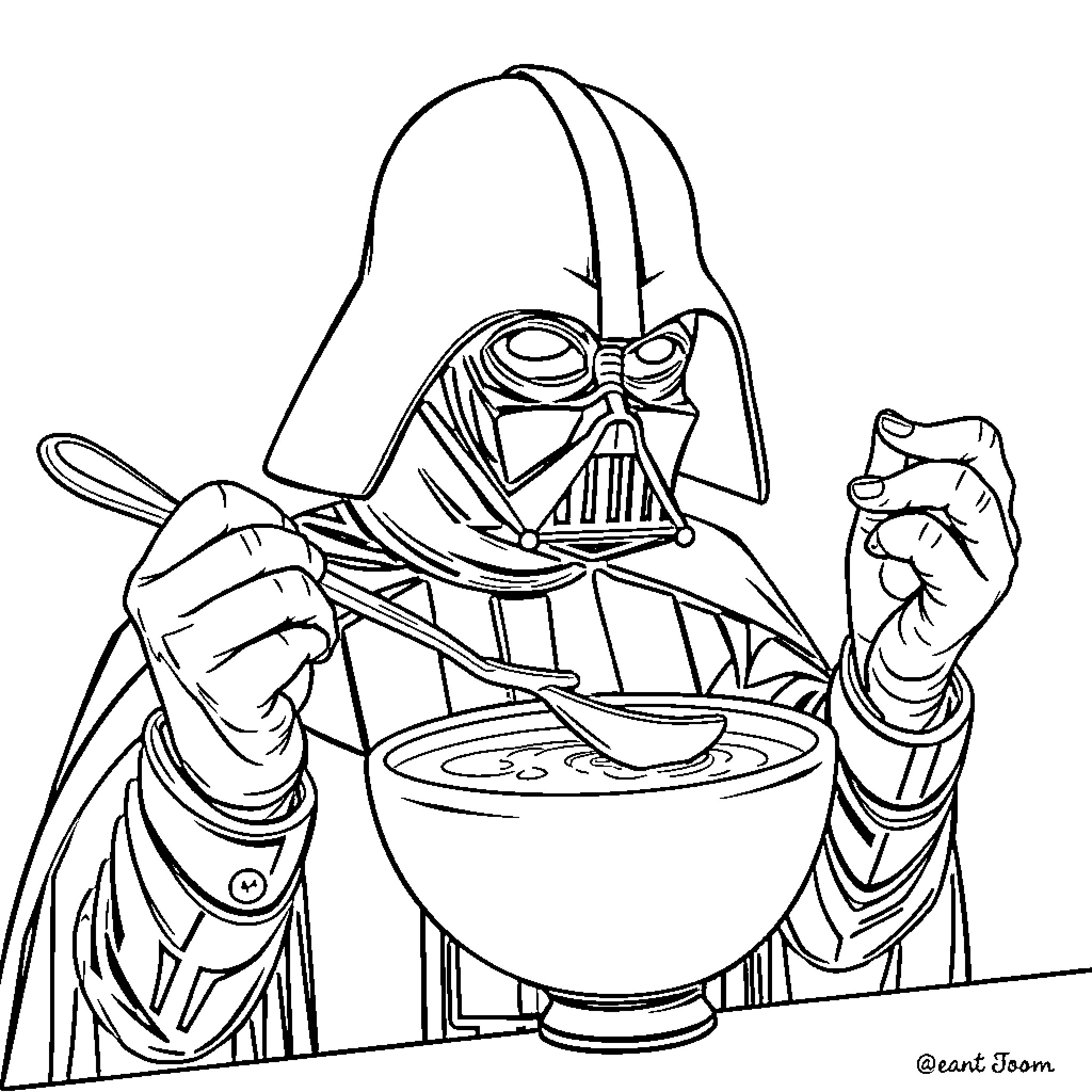 Darth Vader preparing a mysterious concoction Coloring Page (free black-and-white line drawing printable PDF for all, from beginners to advanced learners, including children, teens, adults, and seniors)