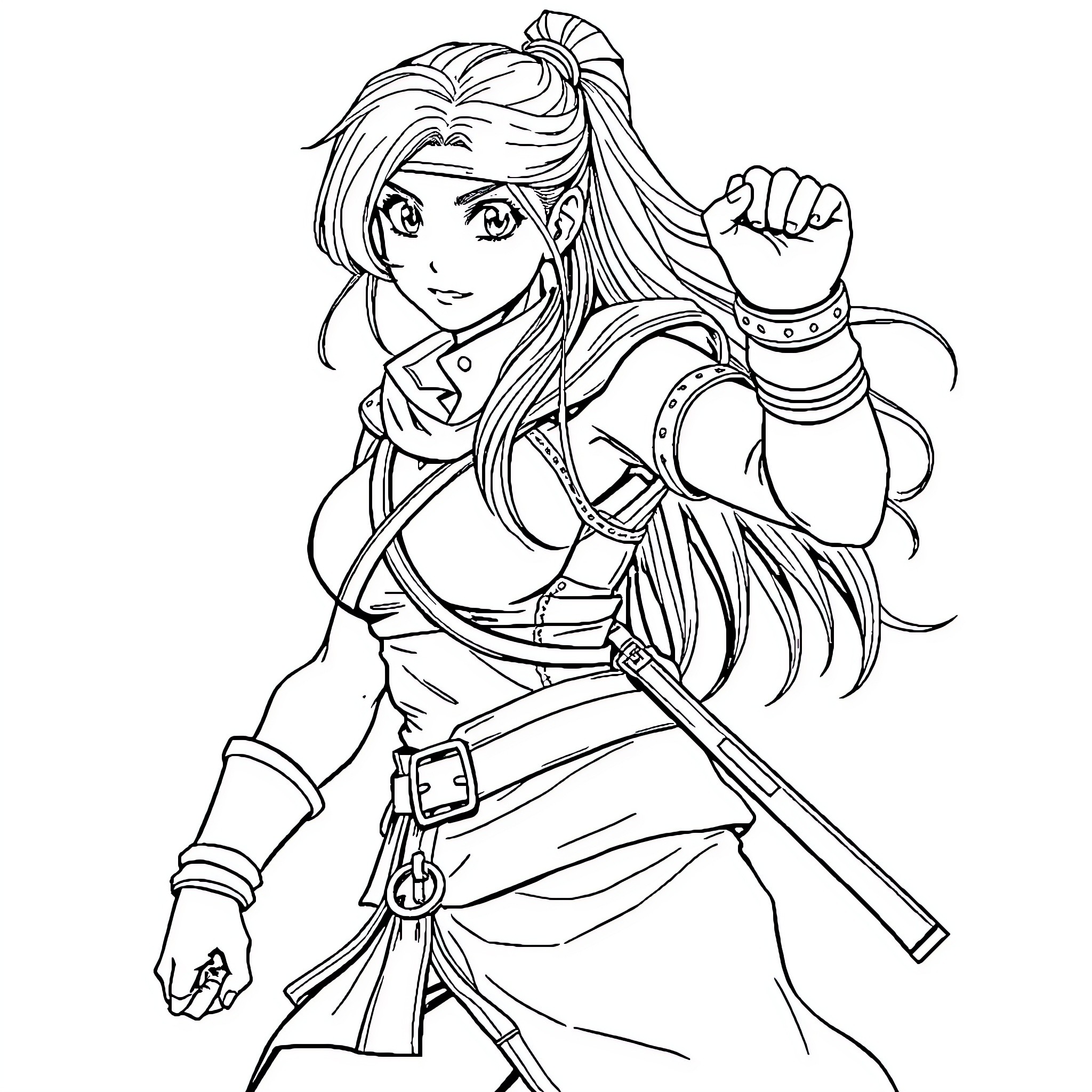 Tifa Lockhart in Adventurous Stance Coloring Page (free black-and-white line drawing printable PDF for all, from beginners to advanced learners, including children, teens, adults, and seniors)